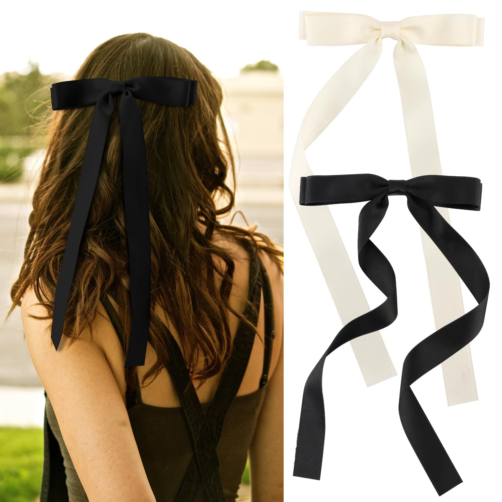 2 Pack Hair Ribbon for Girls Hair Bows Clips for Women Teen Girls Tassel Ribbon Bowknot Hair Barrettes Clips With Long Tail for Thick Thin Hair Cute Plain Color Hair Bow 90's Hair Accessories