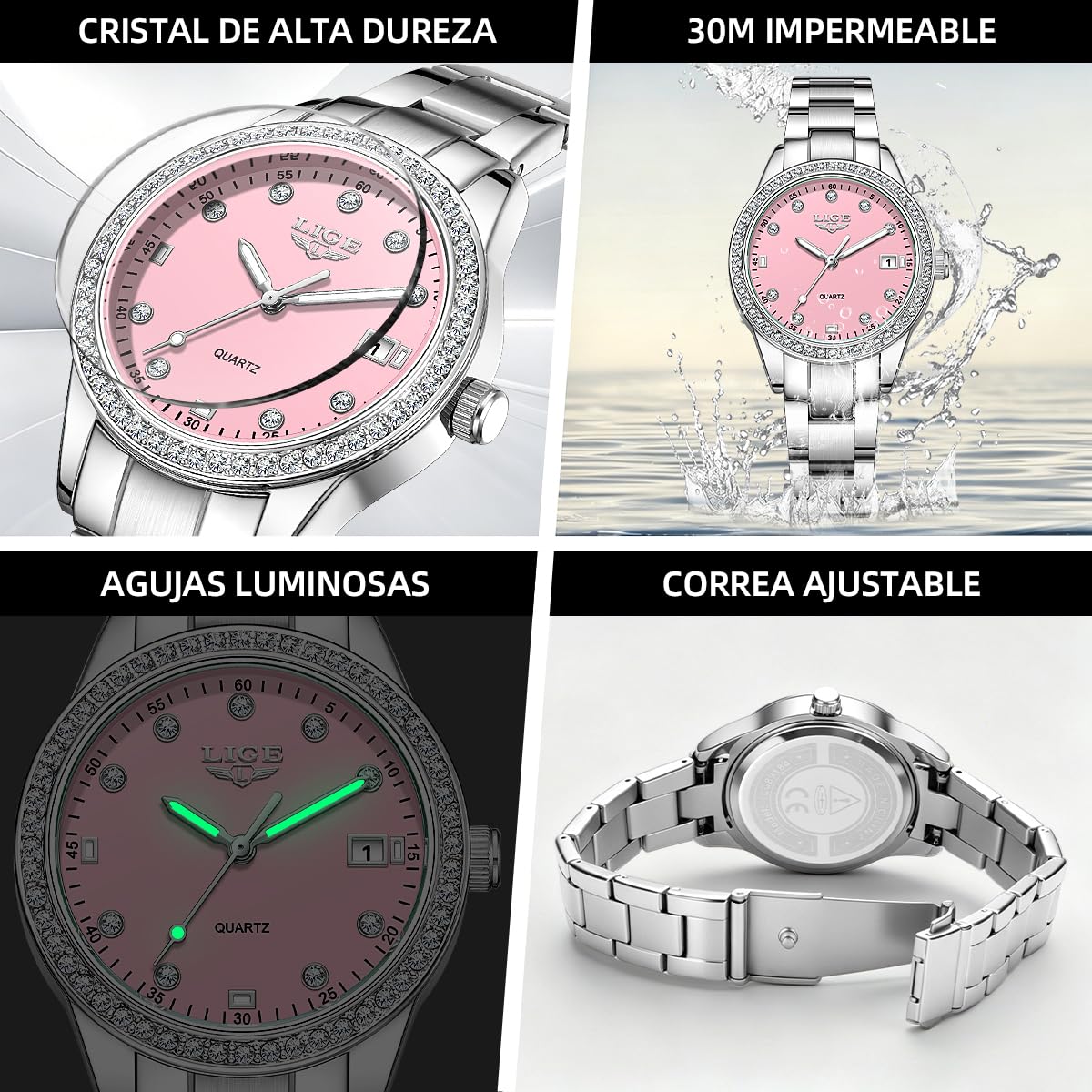 LIGE Reloj Mujer Cuarzo Analógico Lujo Elegante Bisel Cristales Strass 34mm | Pulsera Metálica Plata Agujas Luminosas Visualización Fecha Cristal Antiarañazos Resistente Agua 3ATM Regalo para Mujer