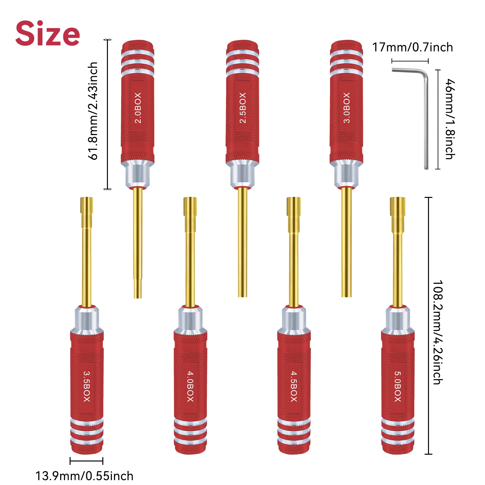 Craznick 7Pcs Metric Hex Nut Screwdriver Set 2.0 mm 2.5 mm 3.0 mm 3.5 mm 4.0 mm 4.5 mm 5.0 mm RC Tool Kit Socket Wrench for Axial SCX24 Wheel Attachment RC Models Car Boat Helicopter Quadcopter Red - Image 3