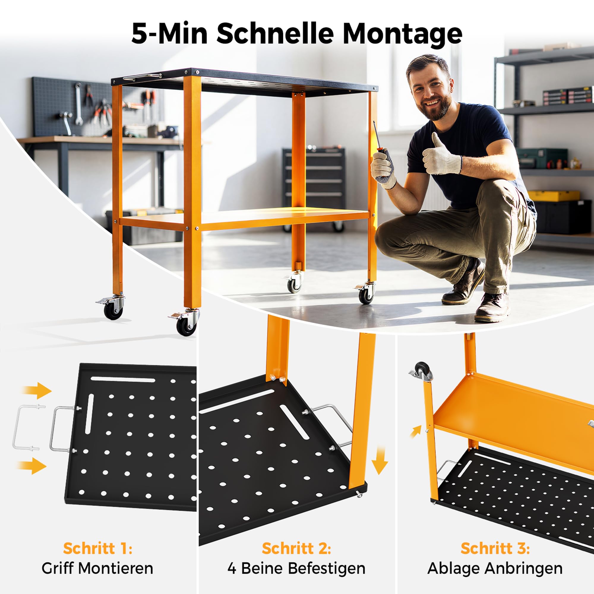 Mobiler Schweißtisch 91x46 cm, Tragkraft 544 kg, Werkbank Tischplatte für Schwarzer Oxidbeschichtung, 4 Feststellbare Rollen & Werkzeugschlitzen, 94 Befestigungslöcher, Stabil & Flexibel für Werkstatt