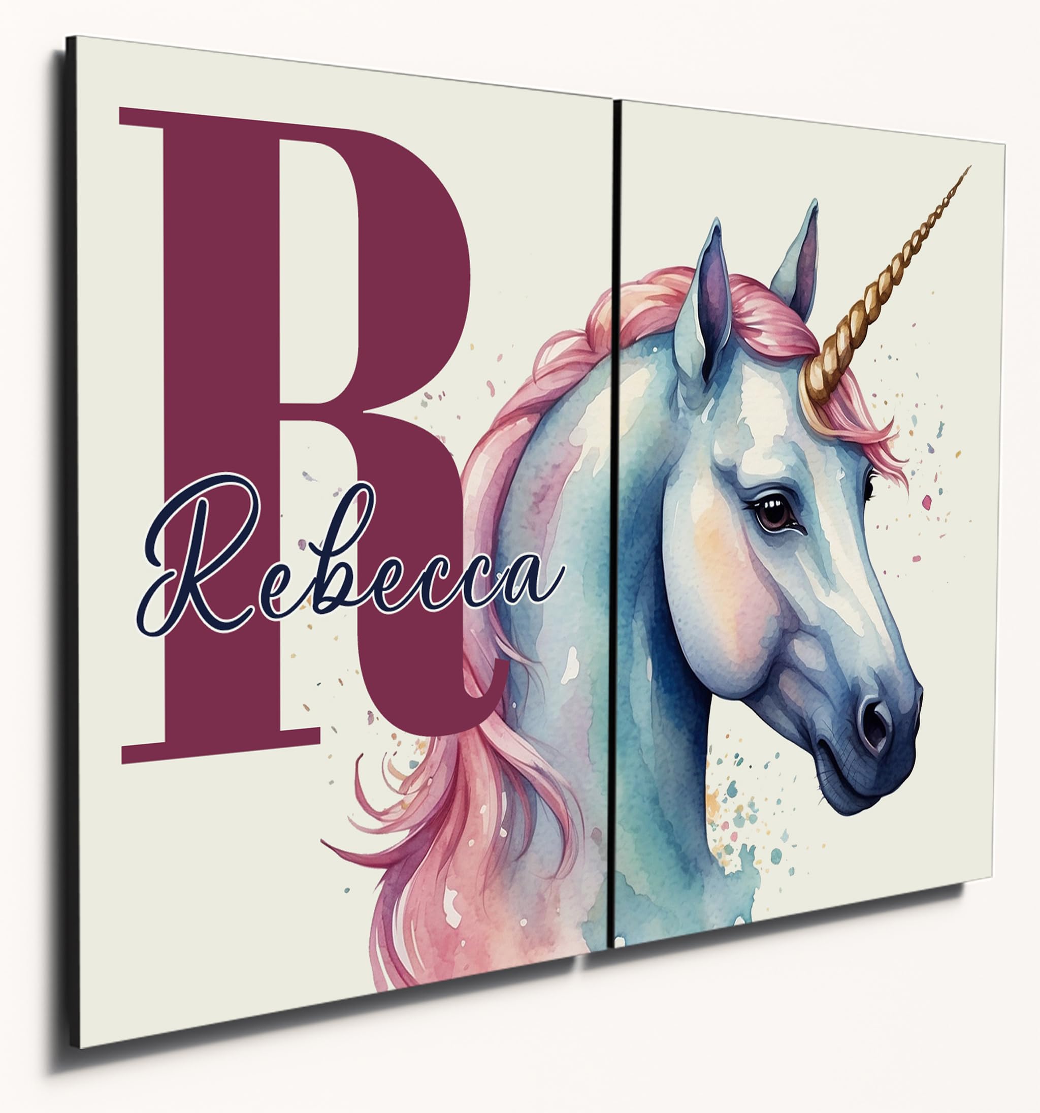 The Plum Penguin Unicorn Personalised Watercolour Wall Art - Dual A4 Wooden Mdf Panels For Children's Bedroom Decor Canvas Alternative 40 X 30Cm