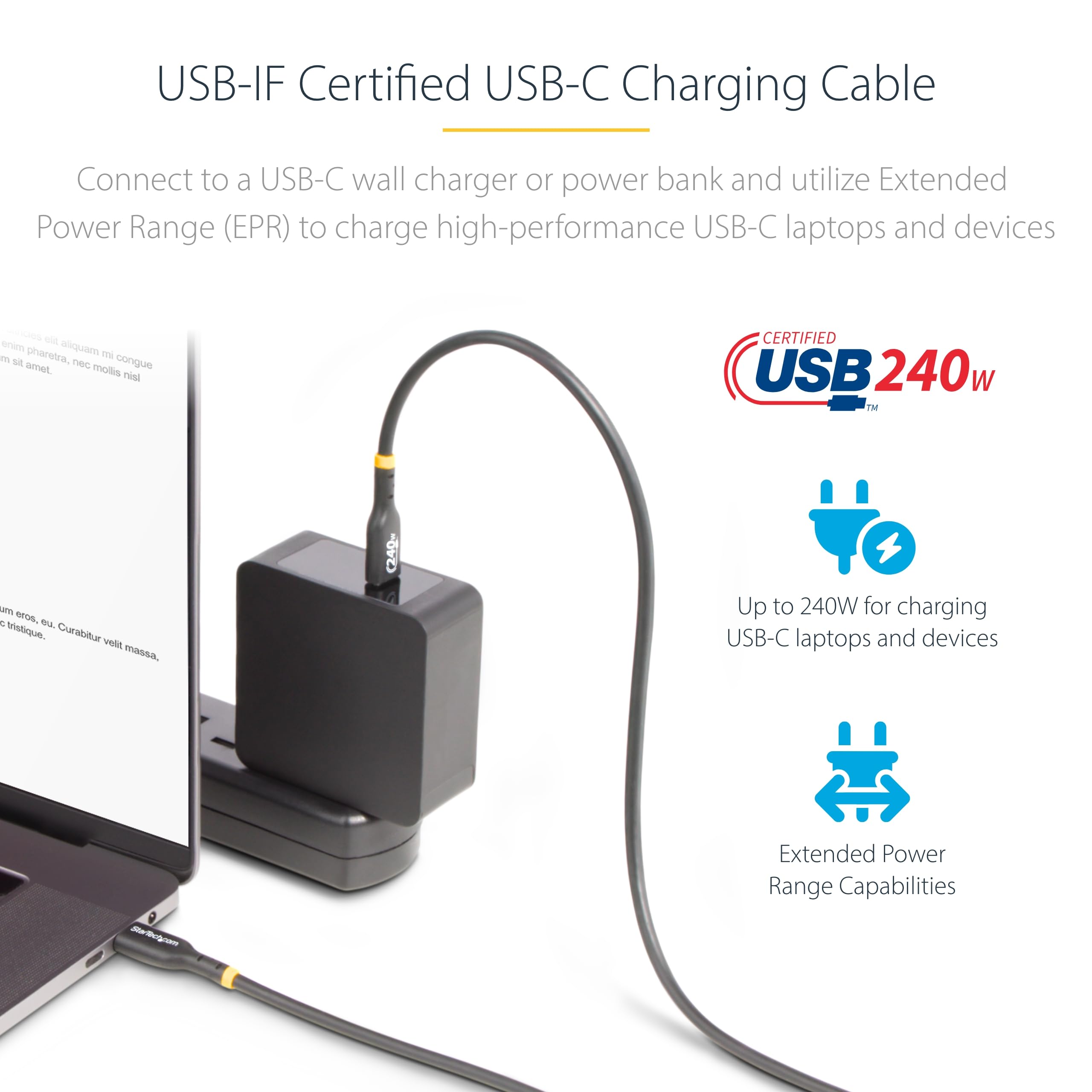 StarTech. com Kabel do ładowania USB-C o długości 3 stóp, kabel USB C z certyfikatem USB-IF, 240 W PD EPR, kabel do ładowania USB 2.0 typu C, M/M