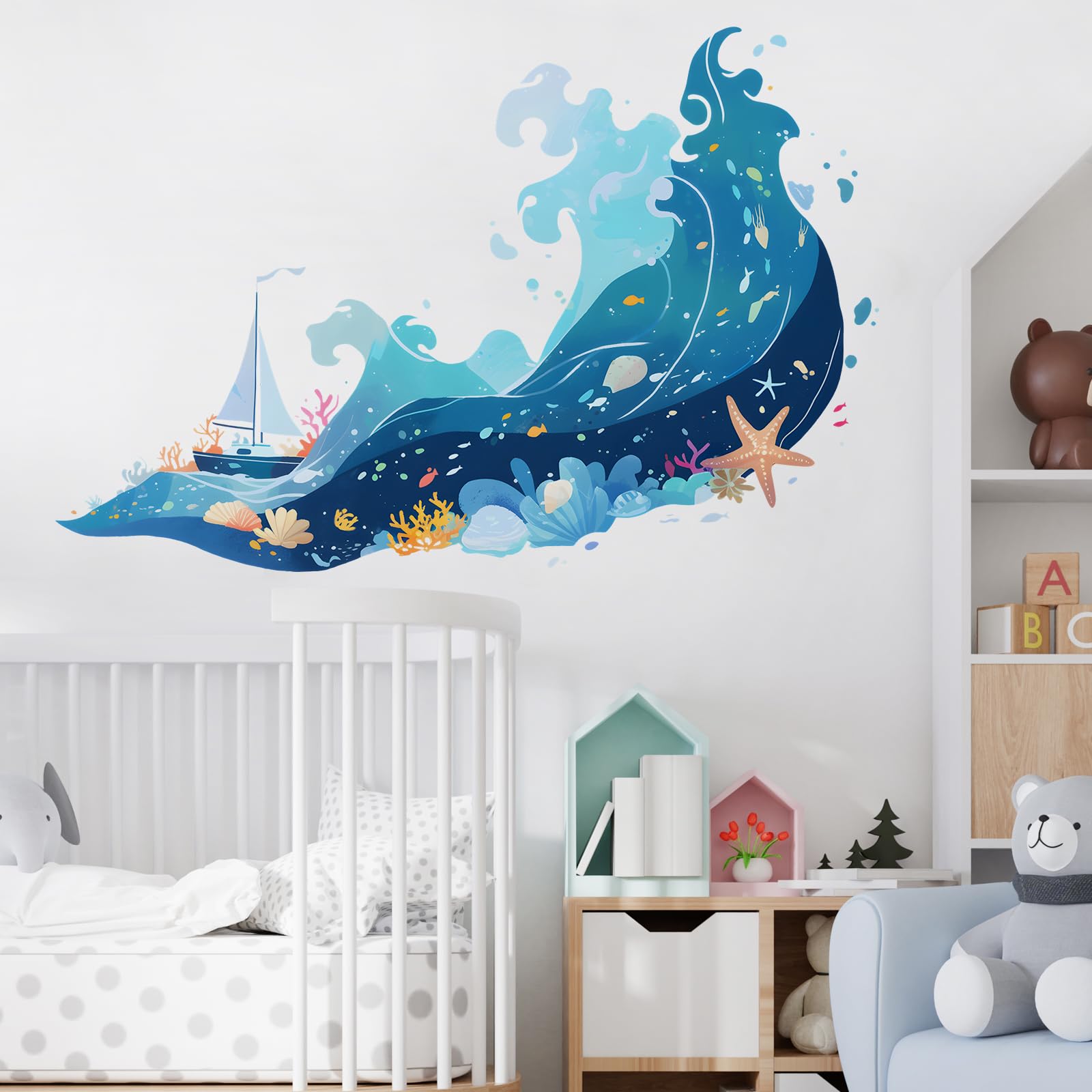 RoyoLam Removable Sea Waves Wall Decal - Peel & Stick Ocean Theme Sticker For Bathroom, Nursery
