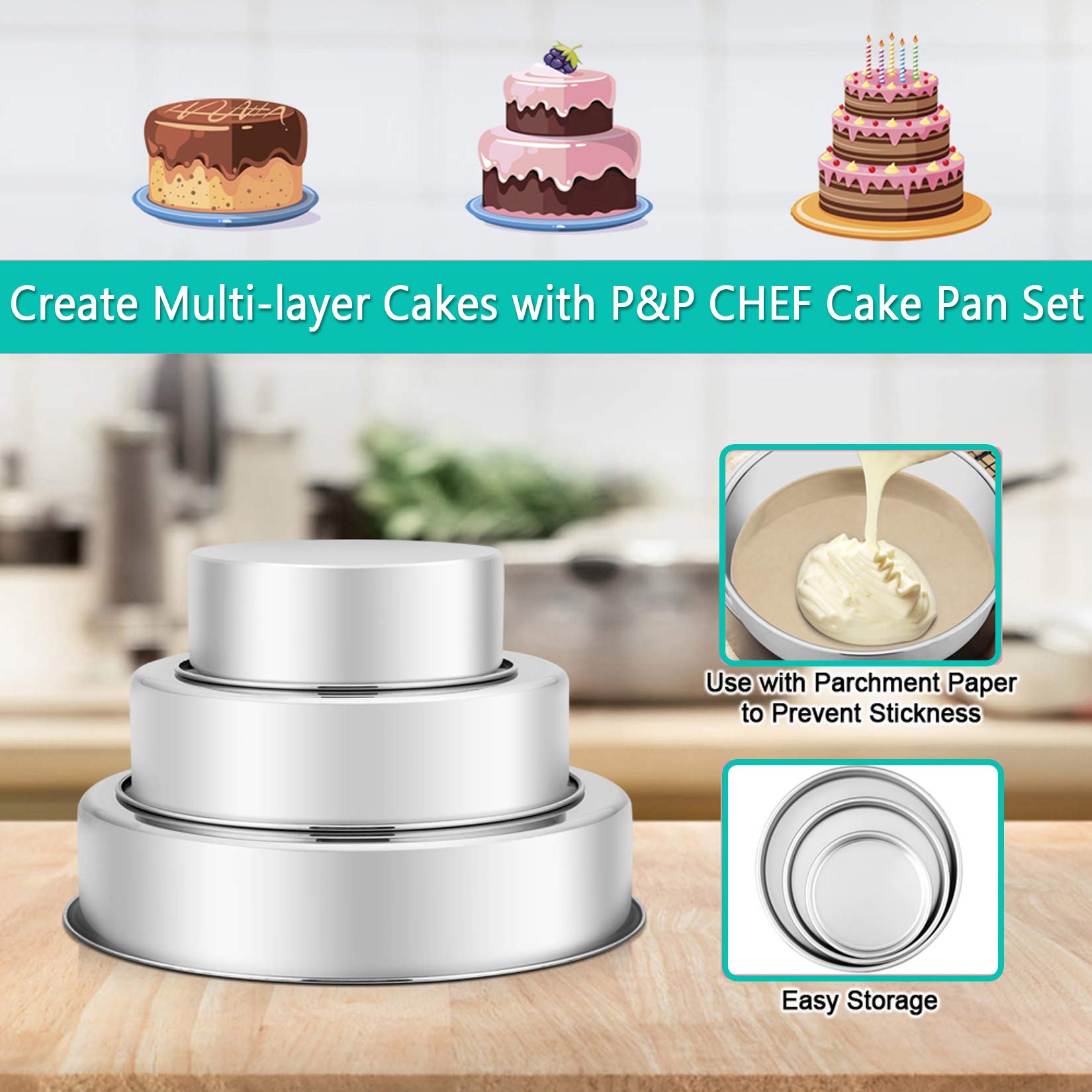 Amazon.co.jp: 6インチ/8インチ/9½インチのケーキパンセット、P&P CHEF