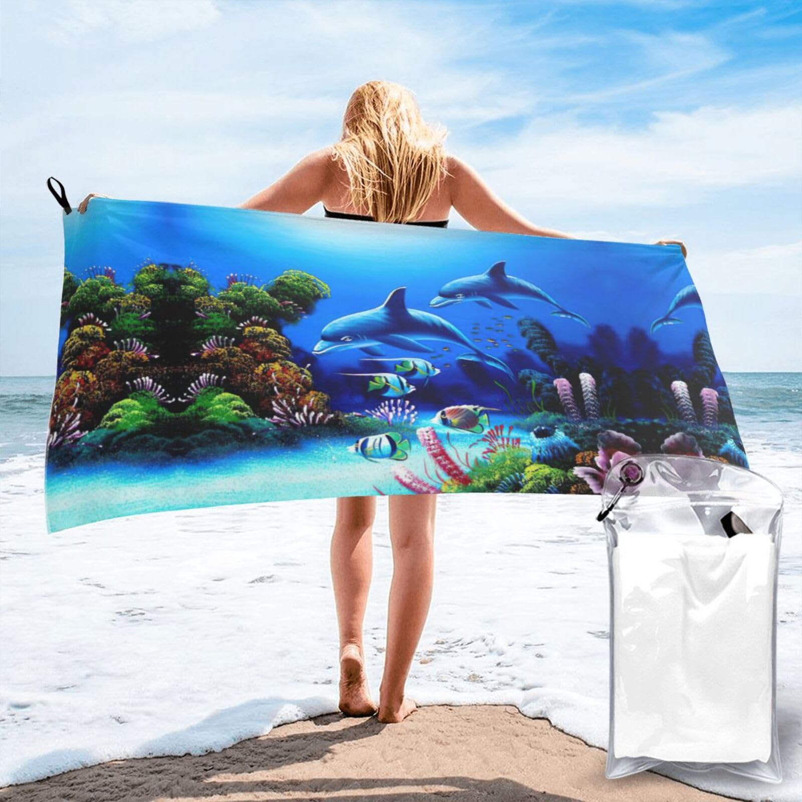 ENGhjes Beautiful Underwater World Dolphins Coral Print Camping Towel Fast Drying Bath Beach Shower Wrap For Gym Camping Vacation Adults Portable Gift