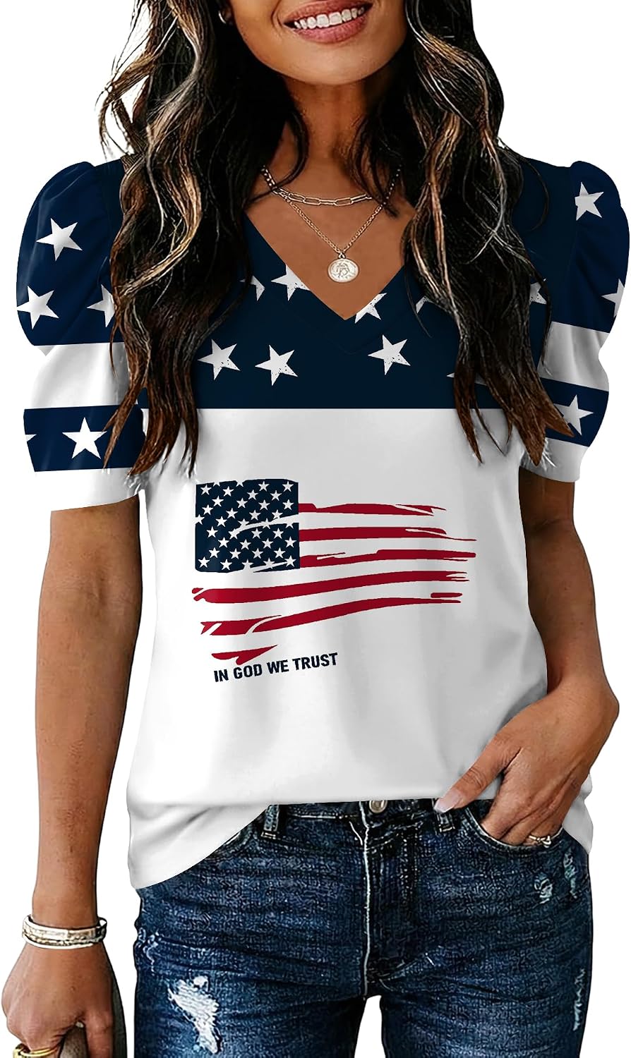 IECCP Women V Neck T Shirts Puff Short Sleeve Tops Fashion Dressy Casual Tunic Loose Fit Blouses