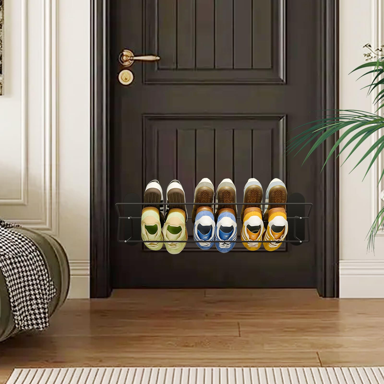 2 Tier Wall Mounted Shoe Rack No-Drill, Magnetic RV Shoe Storage Solutions, Hanger Shelf Towel Holder and Sandal Wall Holder Organizer, Slipper Holder Space Saving 26" x 5.3" x 4.3"(Black-1PCS)