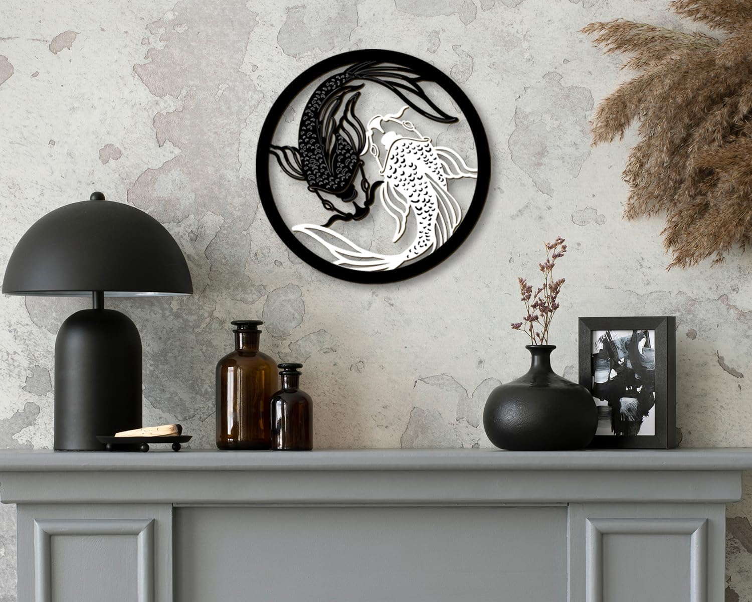 Creoate Koi Fish Wooden Wall Art, Black and White Yin Yang Themed Zen Decor for Yoga Room Bathroom Living Room Farmhouse, 12x12 inches