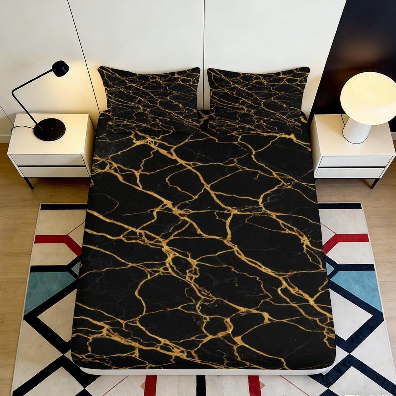 3D Printed Marble Fitted Sheet Microfiber Deep Pocket Non-Slip Marble Mattress Fitted Cover Washable for Bedroom Bedding 90x200x25cm
