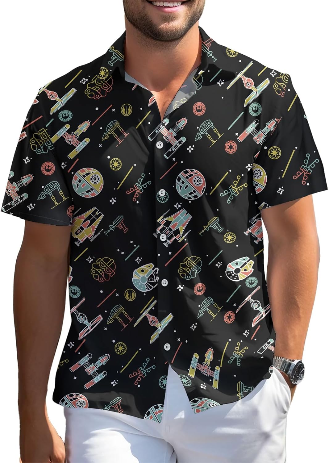 99TIMORO Wars Movie Hawaiian Shirt, Space Button Short Sleeve Top, Warship Themed