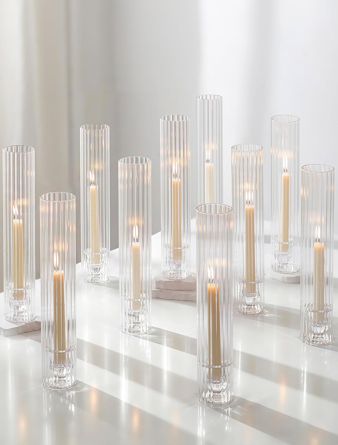 Romadedi Ribbed Glass Hurricane Candle Holder, Taper Candle Stick Set of 10