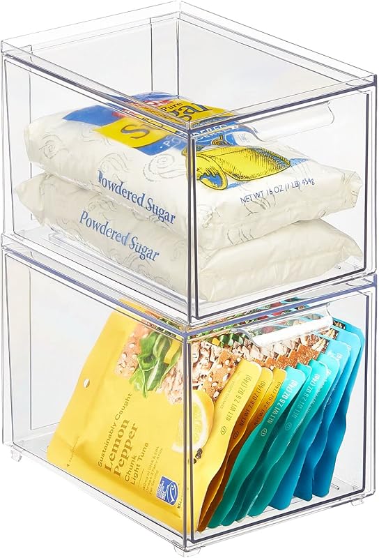 caja de cajones de almacenamiento de cocina mDesign – Caja de almacenamiento de plástico con cajón extraíble – Almacén de despensa, heladera y armario para alimentos y aperitivos – Paquete de 2 – Transparente
