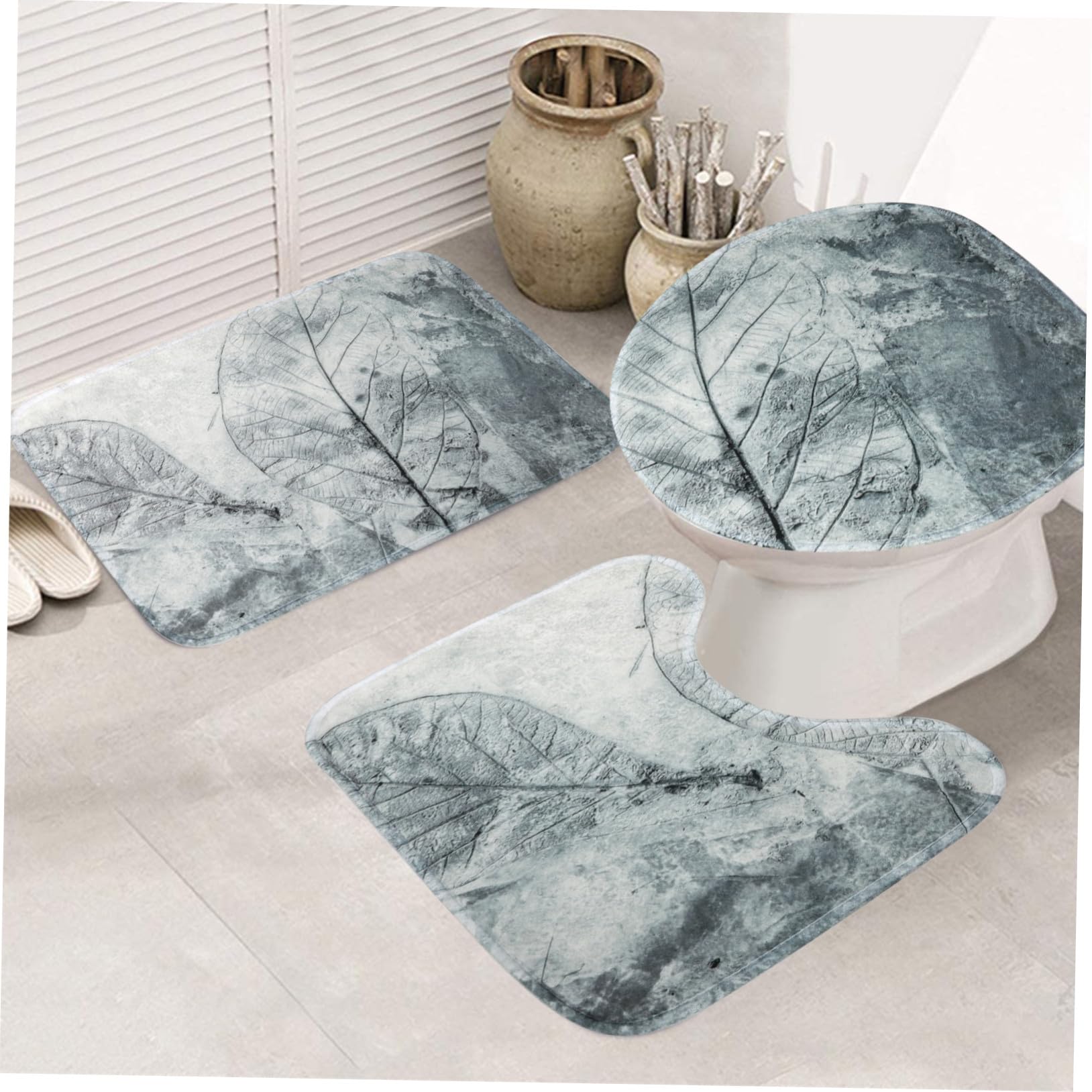 Tappeti Bagno Comodo da Installare e Rimuovere Set 3 Pezzi Stile Retrò Decorazione Foglie, Morbido Poliestere per Ogni Occasione in Bagno