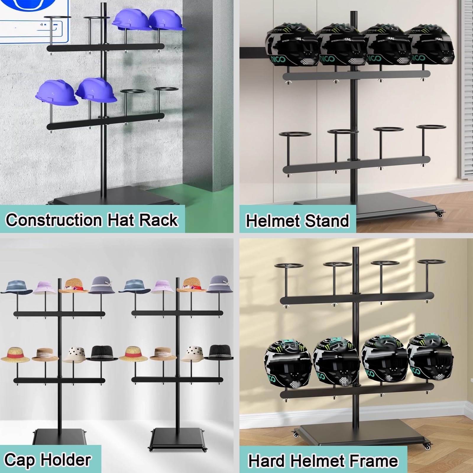 Large Commercial Motorcycle Helmet Rack, Portable Hard Hat Storage Rack with Wheels for Retail Store/Race Track/Racing Circuit/Pantry, Adjustable Height