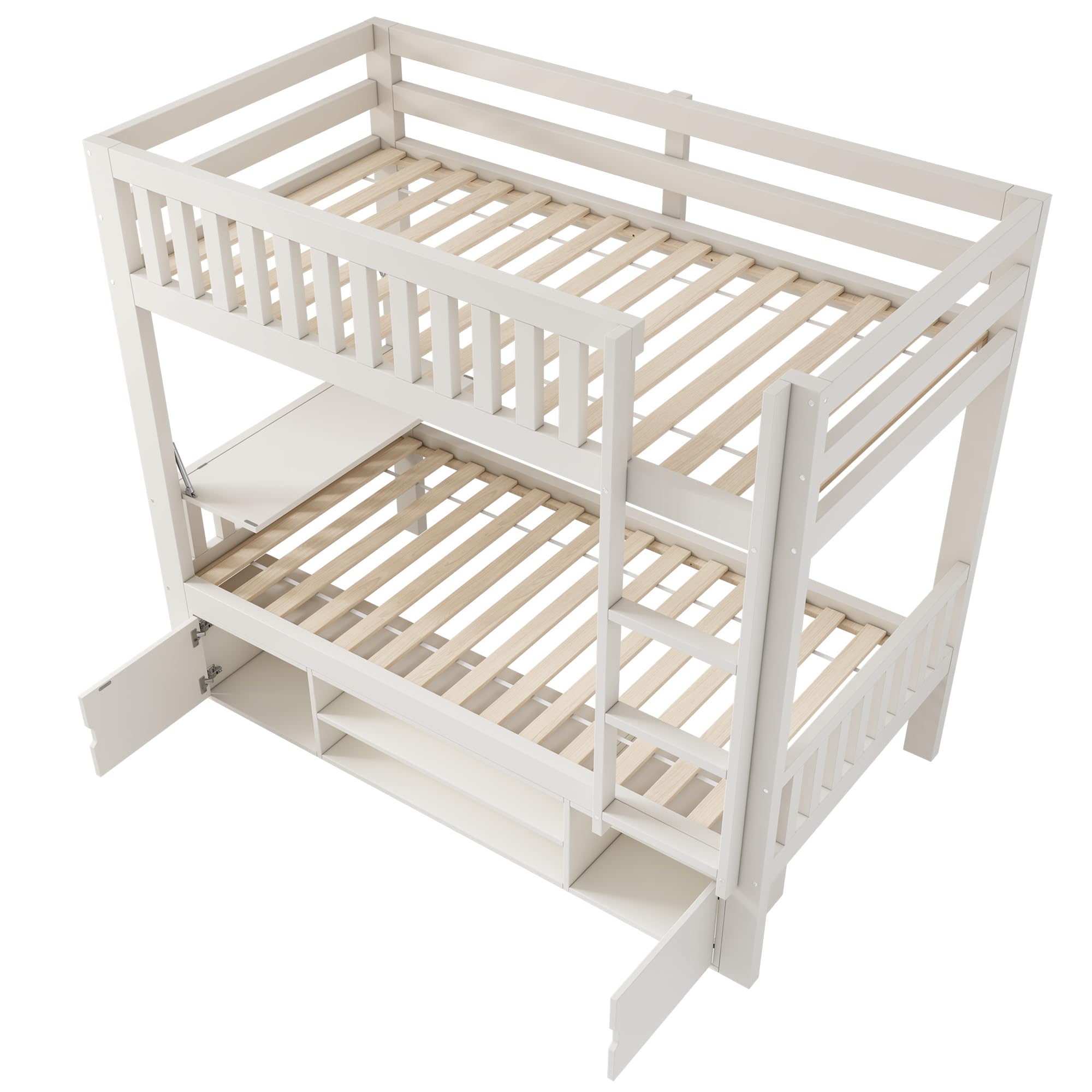 Cama alta para niños, 90 x 200 cm, color blanco, con tablero plegable y zapatero integrado, somier, solución todo en uno, certificado EN747, sin colchón