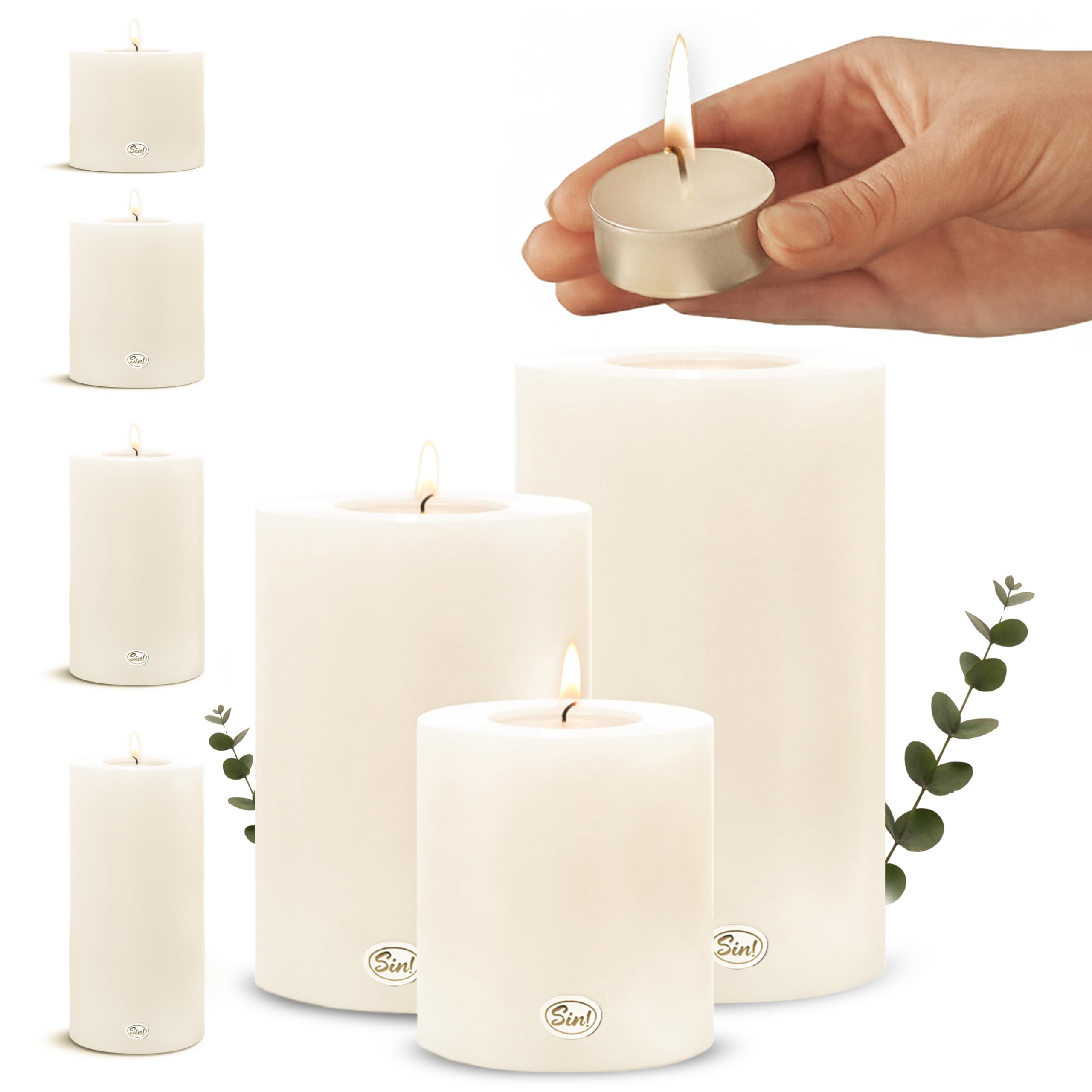 Sin!® 3er Set Teelichthalter & Dauerkerze Trend Ø 6cm H 6cm/8cm/12cm weiß - Die Kerze die Nicht schmilzt! Kunststoff-Kerze mit Teelichteinsatz (Made IN Germany) - Teelicht-Kerzenoptik selbstlöschend