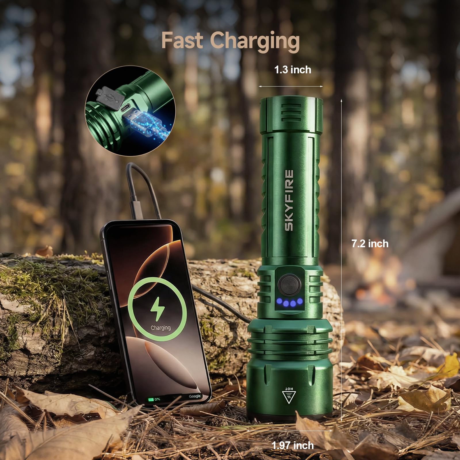 SKYFIRE LED Taschenlampe aufladbar, 2000 Lumen, 5000 mAh, Zoom, 5 Modi | 30 W, bis zu 30 Std. Laufzeit, USB-C, Powerbank, IPX6 und Zündlinse für Camping, Wandern, Pannen und Notfälle