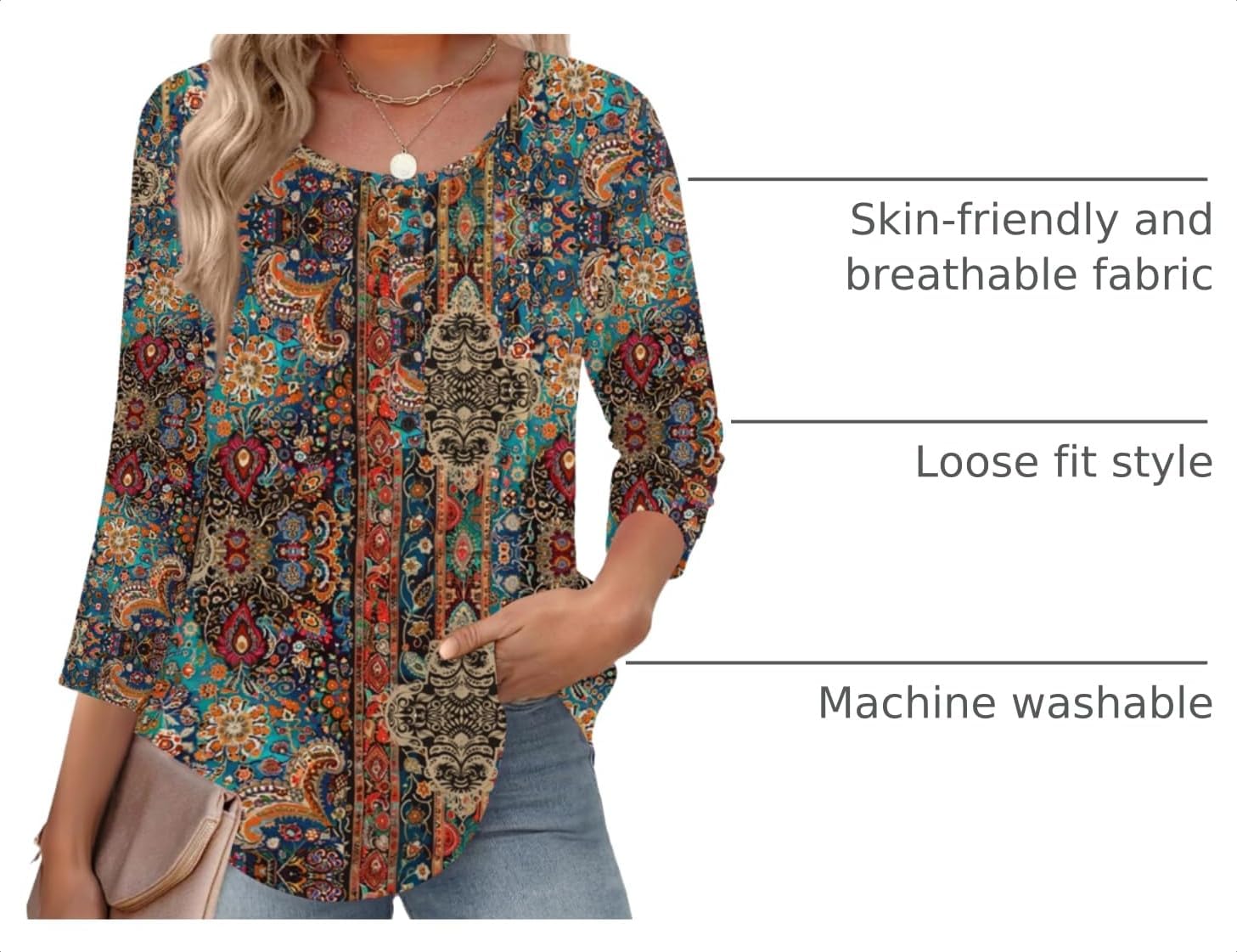  3/4 Length Sleeve Womens Tops Round Neck Casual Summer Tunic Tops Basic Tees Blouses Dressy T-Shirts Pleated Shirts thumbnail