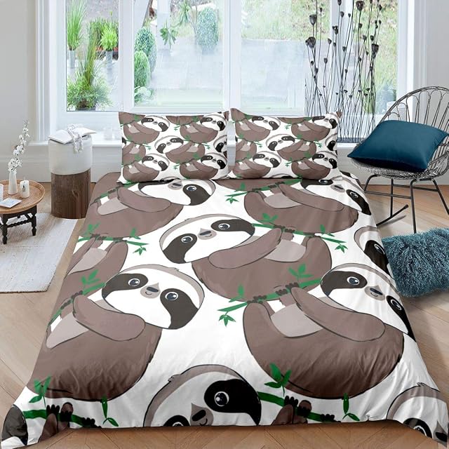 Homemissing Cartoon Sloth Comforter Cover Cute Sloth Bedding Set 3D Animal Duvet Cover for Kids Boys Girls Green Leaf Branches Microfiber Bedding & Linen Single