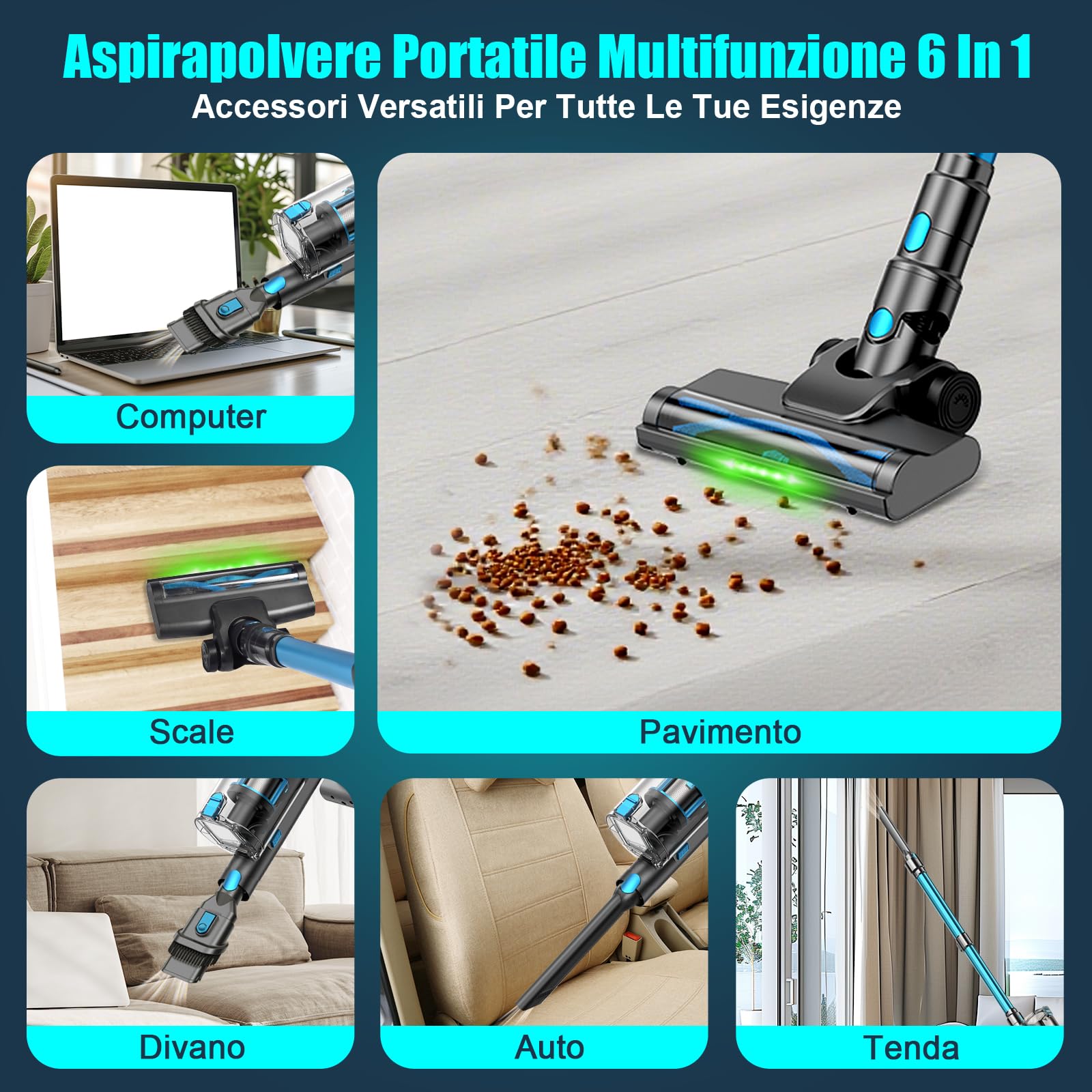 Aspirapolvere Senza Fili, Verticale Ultra-Potente 70 Minuti/45KPA/550W, Aspirapolvere con Display LED, Luce Verde, Anti-Groviglio, Rilevamento dello Sporco, per Tappeti, Peli Animali, Pavimenti Duri