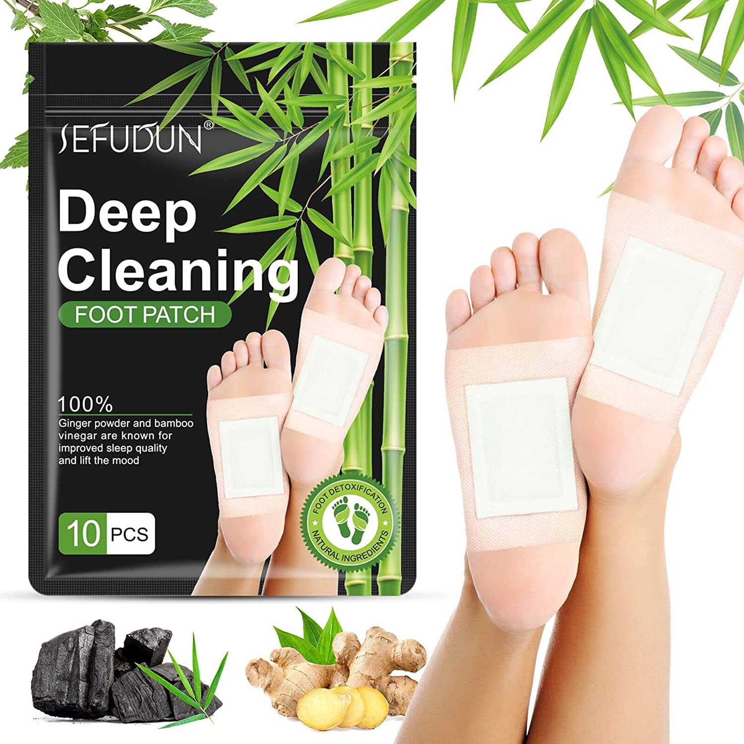 Foot Patches, Deep Cleansing Foot Pads, Natural Bamboo Vinegar Ginger Powder Foot Pad for Foot Care, Adhesive Sheets for Relaxation, Relieve Stress, Improve Sleep (10 PCS)
