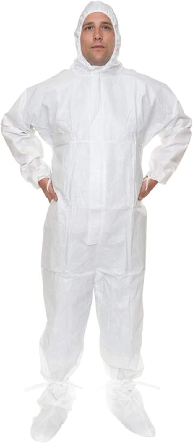 Sterile Coverall (White) with Tunnelized Elastic Wrists, Ankles, and Back. Thumb Loops. Serged Seams, Sterilized