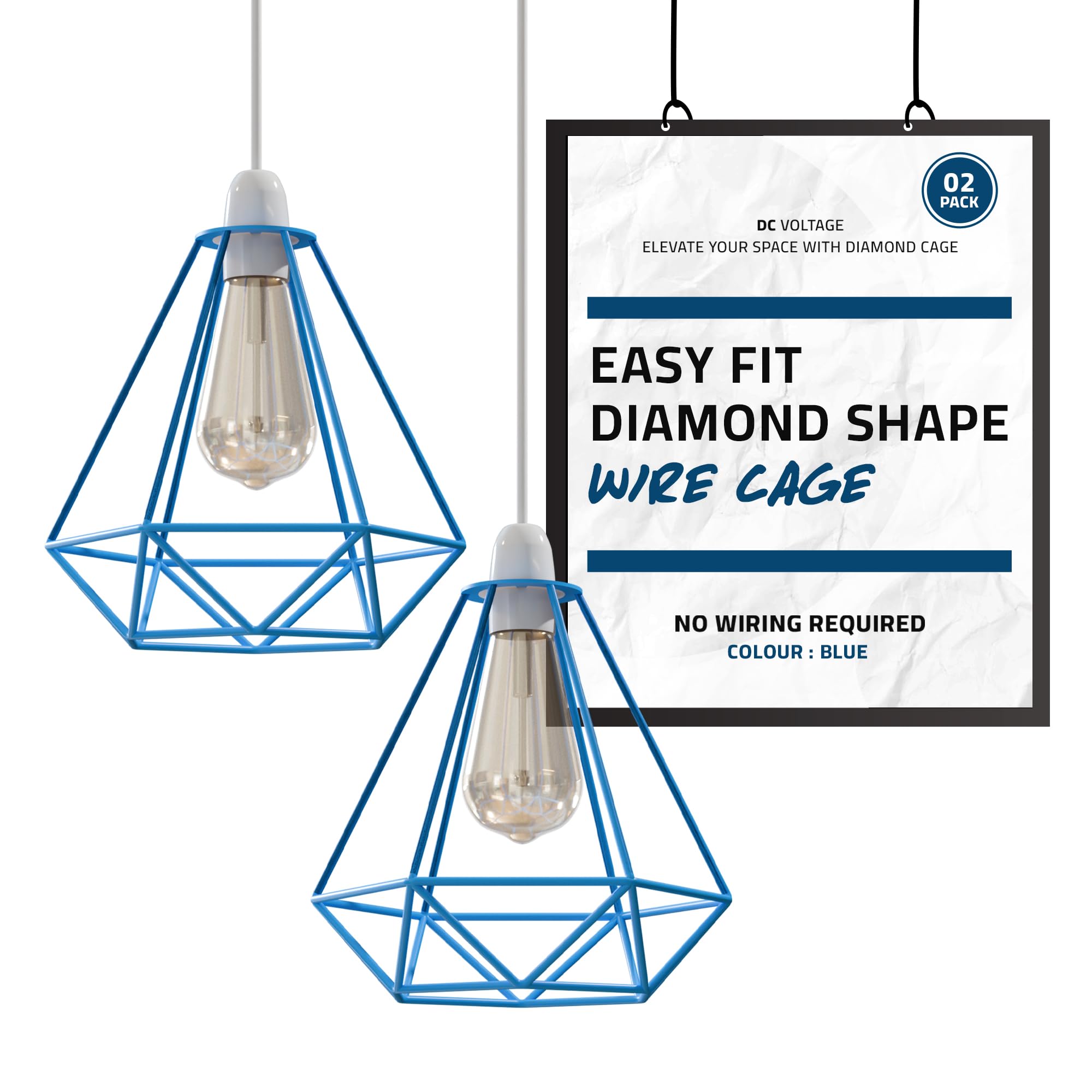 DC VOLTAGE Diamond Shape Pendant Ceiling Light & Modern Metal Wire Basket Cage Desk Lamp with Contemporary Linen Lampshade Bedside Table Lamp for Home Office Bar