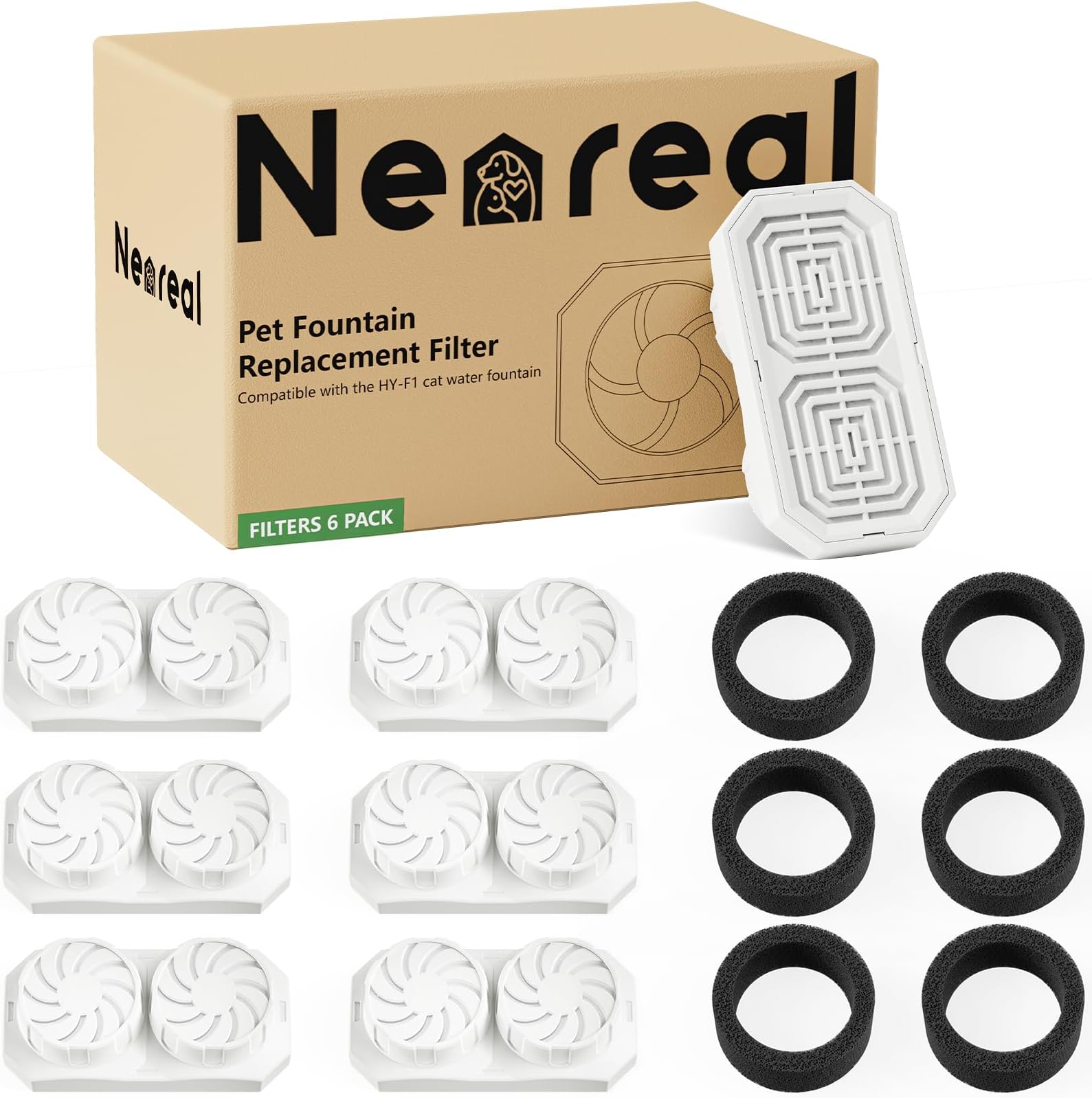Neareal Official 6-Pack Replacement Filters and Pre-Filter Sponges for 108 oz / 3.2 L Stainless Steel Cat Water Fountain