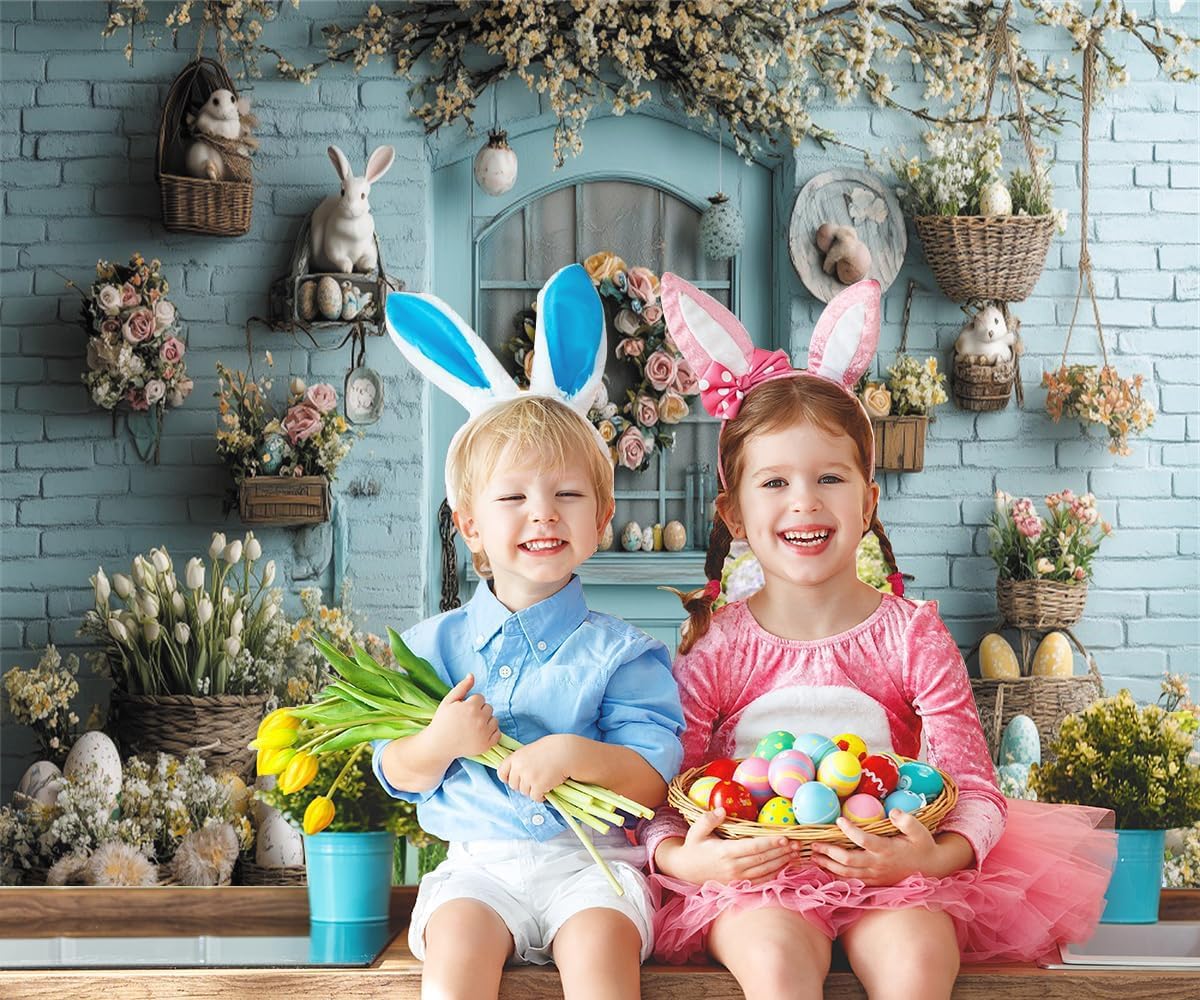 12x10ft Easter Photography Backdrops Light Turquoise Brick Wall Wooden Door Floral Happy Easter Photo Backdrop for Photoshoot Flower Spring Background Back Drop Decorations Photo Booth Props
