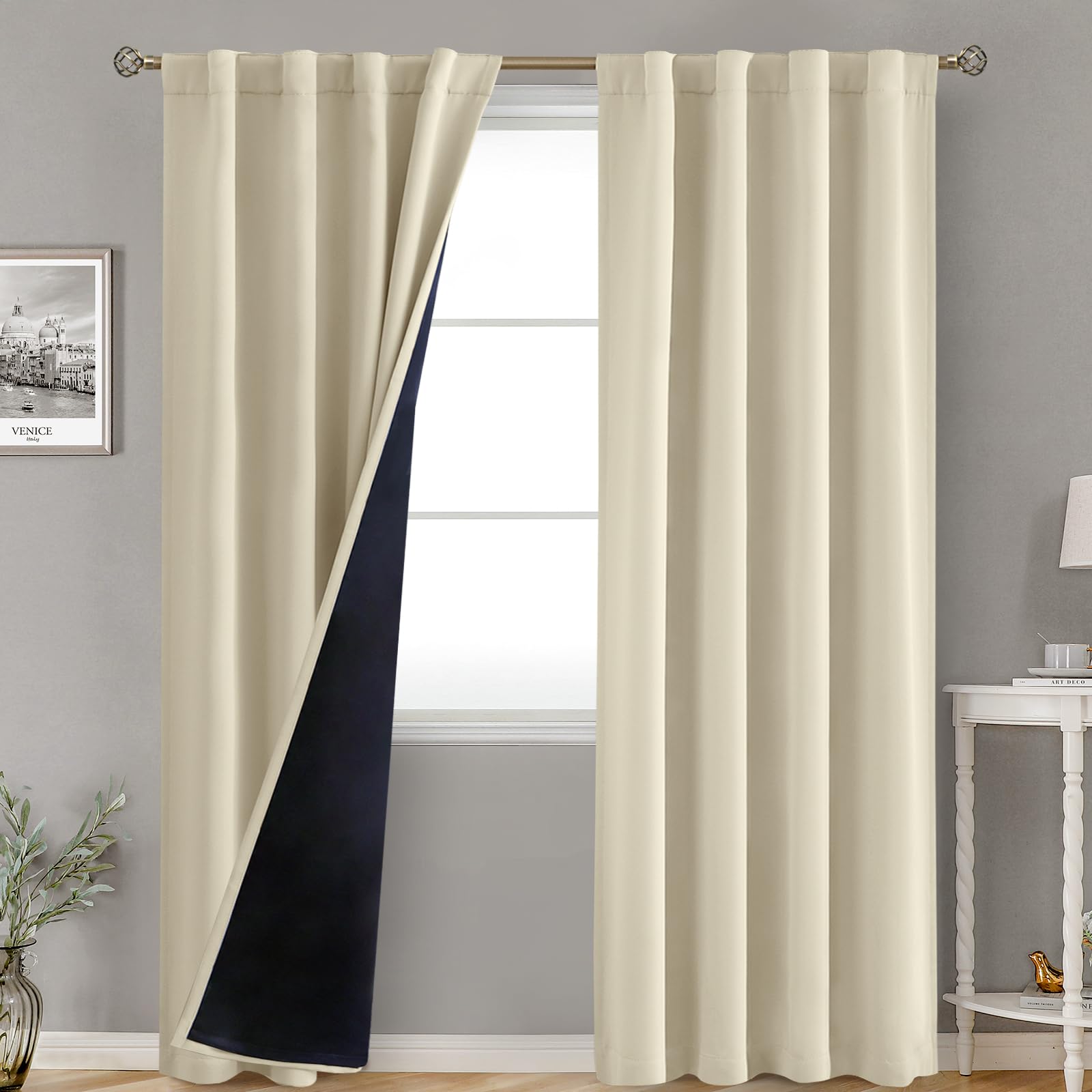 BGment Beige 100% Blackout Curtains for Bedroom, 84 Inch Length 2 Panels Set Black Out Living Room Panels with Thermal Liner, Rod Pocket and Back Tab