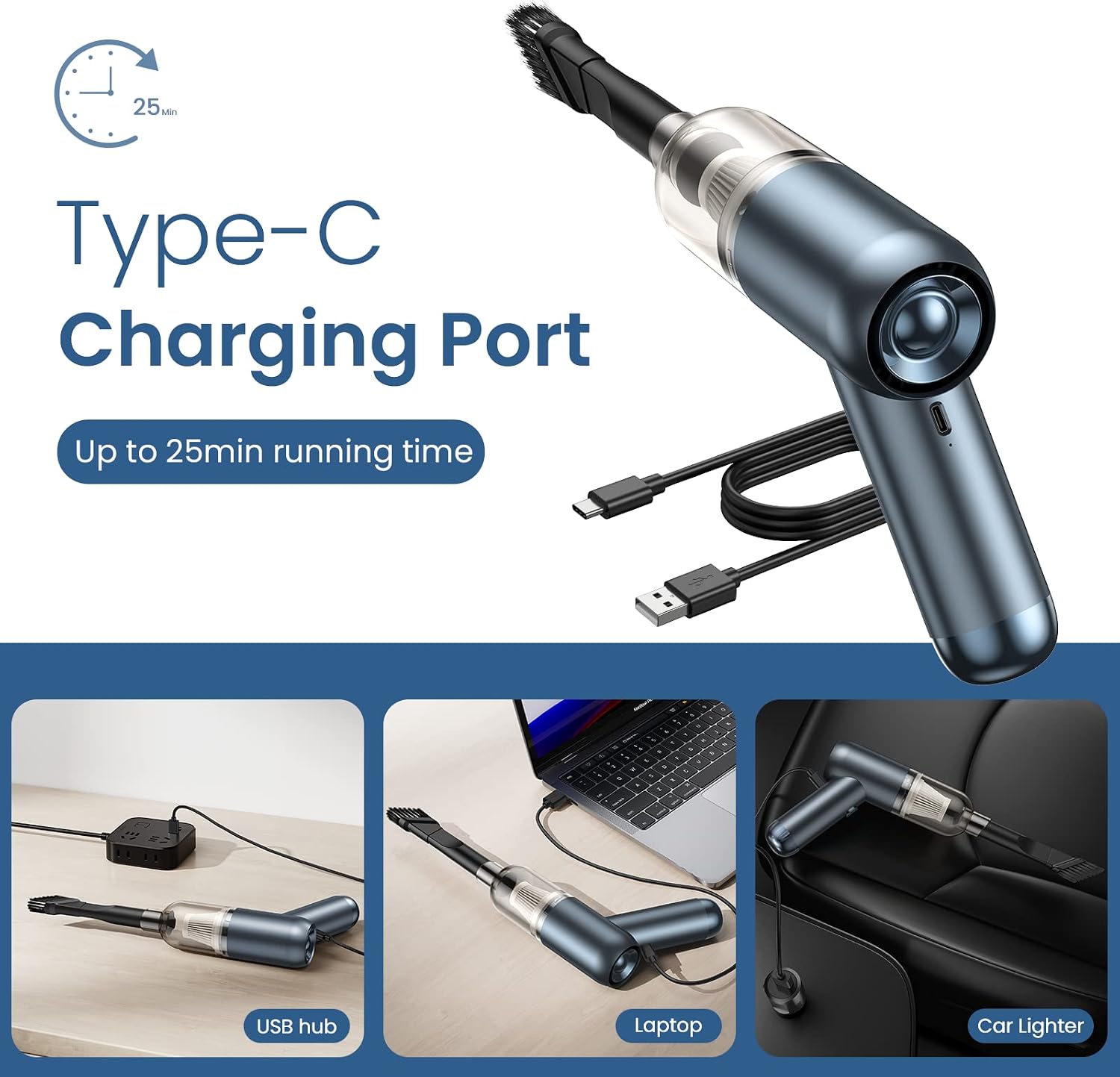 Handheld Car Vacuum with 6000 Pa Suction, Mini Cordless Desk Vaccum, Rechargeable Computer Vacuum Keyboard Cleaner, Quick Charge, Portable Battery Operated, Desktop Sweeper, Dust Buster, USB Powered