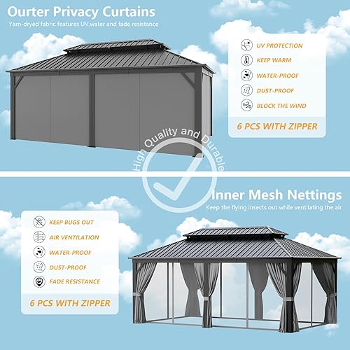 Miniatura 9 de Jolydale Cenador de aluminio con techo rígido de 12 x 20 pies, toldo de marco de metal para exteriores con mosquitera y paredes laterales de