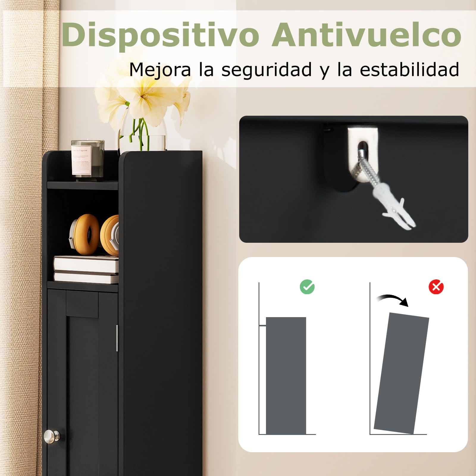GIANTEX Armario Estrecho de Baño con Puerta, Mueble Organizador para Papel Higiénico con 5 Estantes de Almacenamiento, 2 Estantes Ajustables, 18 x 19,5 x 80 cm, para Salón, Lavandería (Negro)
