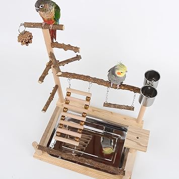 RoseFlower Bird Playground, Parrots Wooden Playstand, Birdcage Playground Play Gym Parakeet Playpen Ladder with Feeder Cup and Tray, Bird Toys Swing Exercise Toy