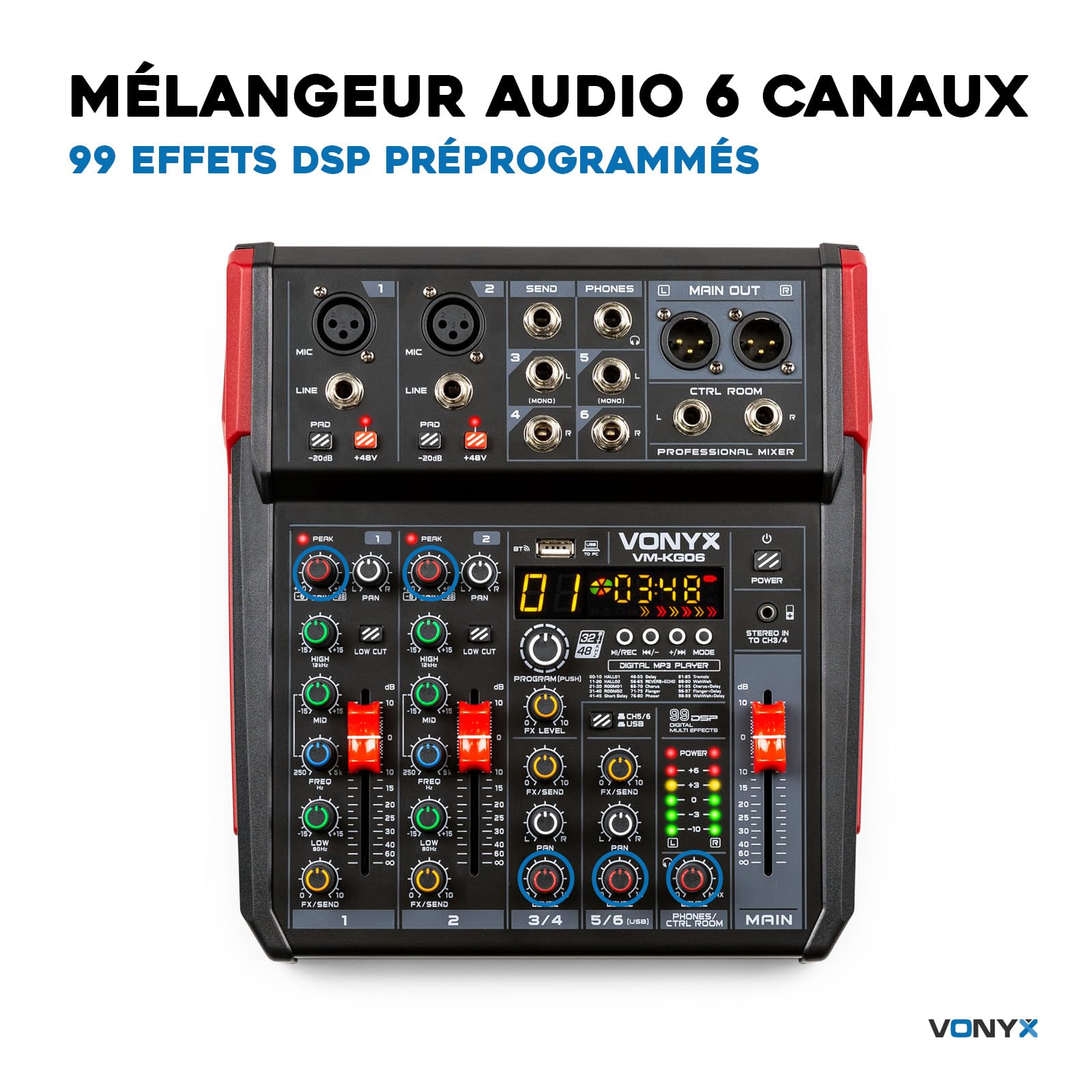 Vonyx VM-KG06 Console de Mixage 6 Canaux - Avec Bluetooth, Lecteur MP3, Interface Audio USB, Processeur de Son, Alimentation Fantôme, Écran LED, Idéal pour les Bars, Petite Salles de Concerts