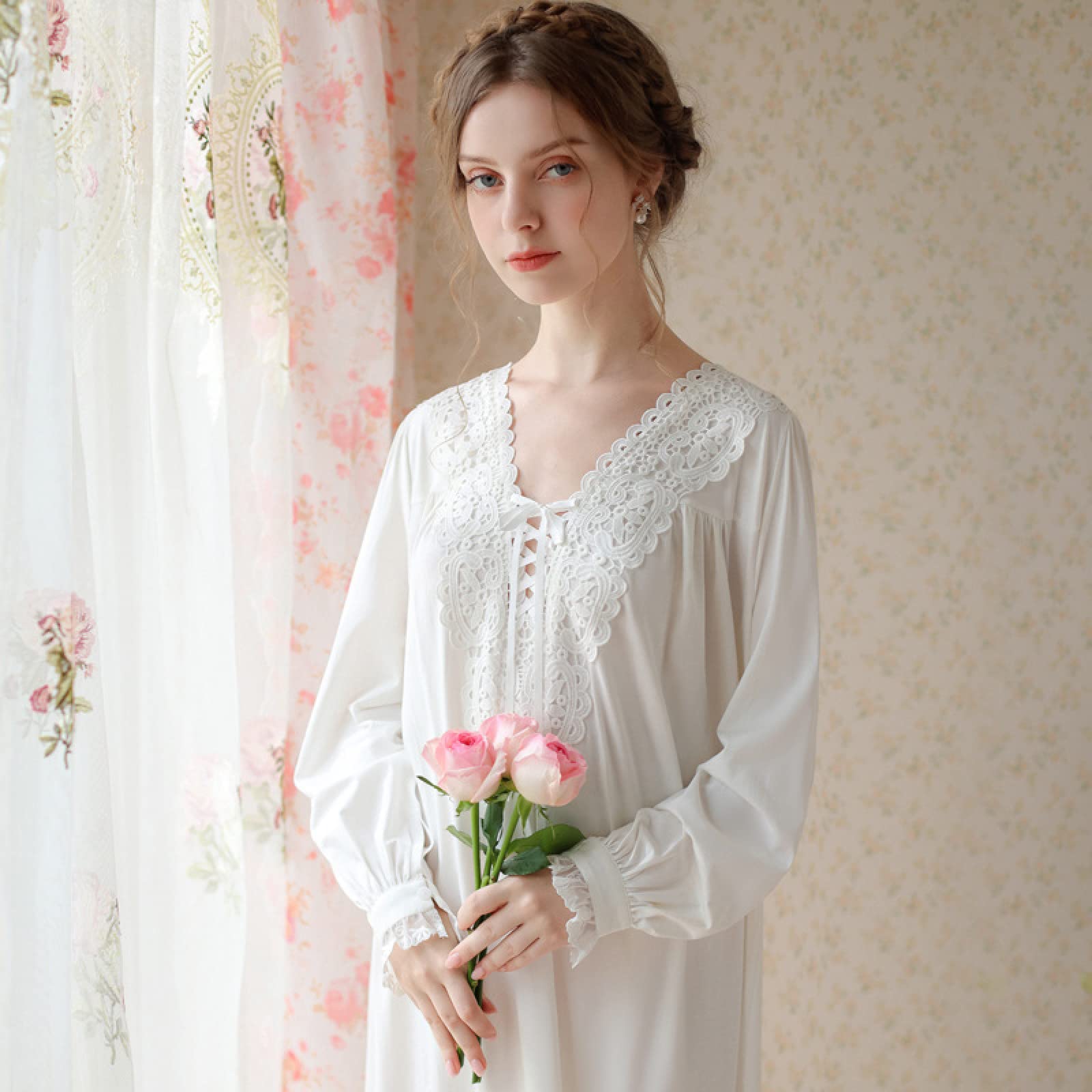 OFFSUM Camicia da Notte Donna - Elegante Palace Style Retro Solid Color Cotone Princess Pigiameria Lingerie Casual Camicia da Notte con Scollo A V Pizzo Camicia da Notte