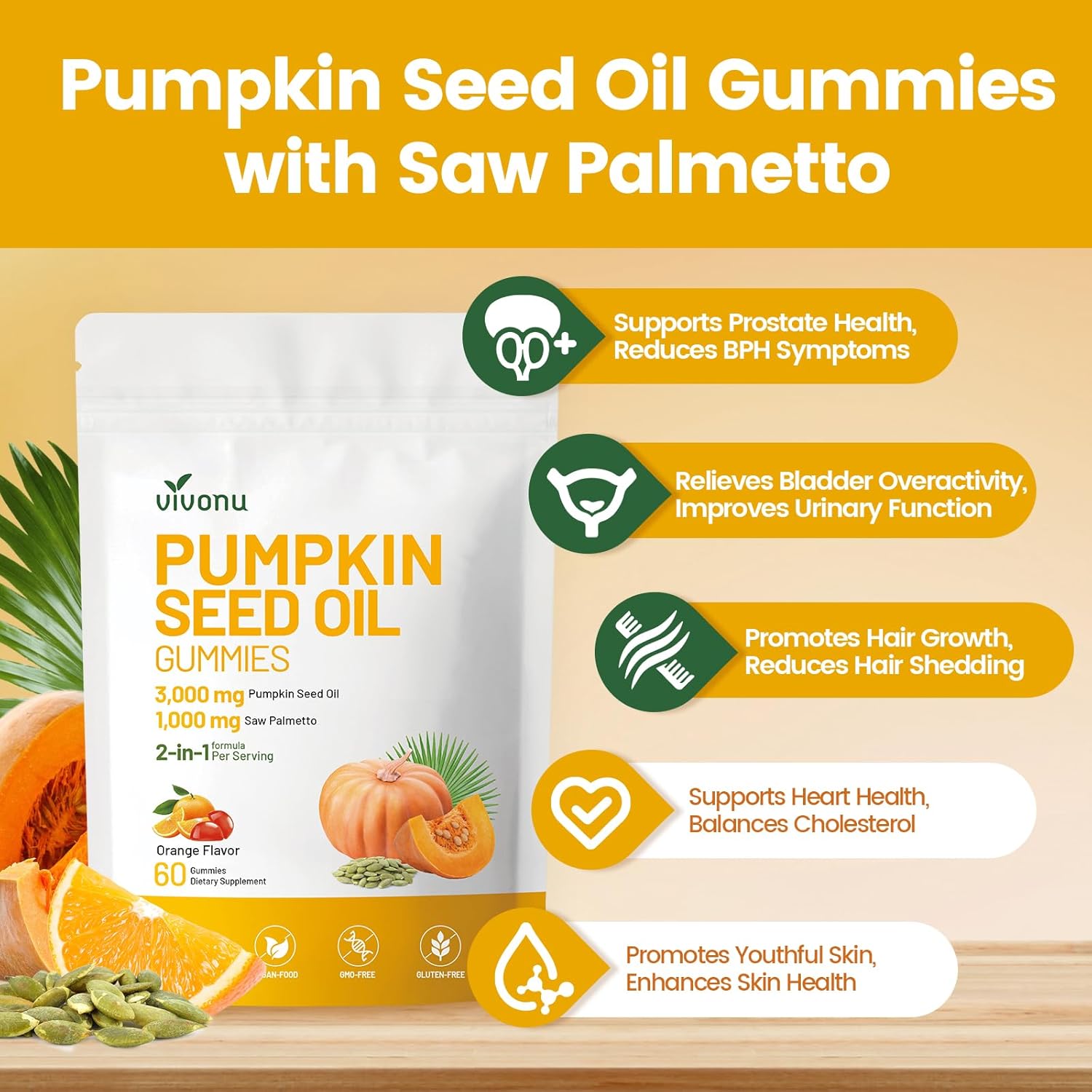 VivoNu Organic Pumpkin Seed Oil Gummies,Cold Pressed Pumpkin Seed Oil with Saw Palmetto Gummies,for Prostate Health,BPH Support,Hair & Bladder Control - Non-GMO,Sugar-Free