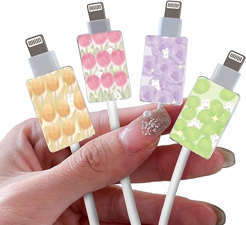 Juego de 4 protectores de cable Kawaii para cargador de iPhone tipo C, patrón único de flores de conejo, protector de cable de carga, protector de