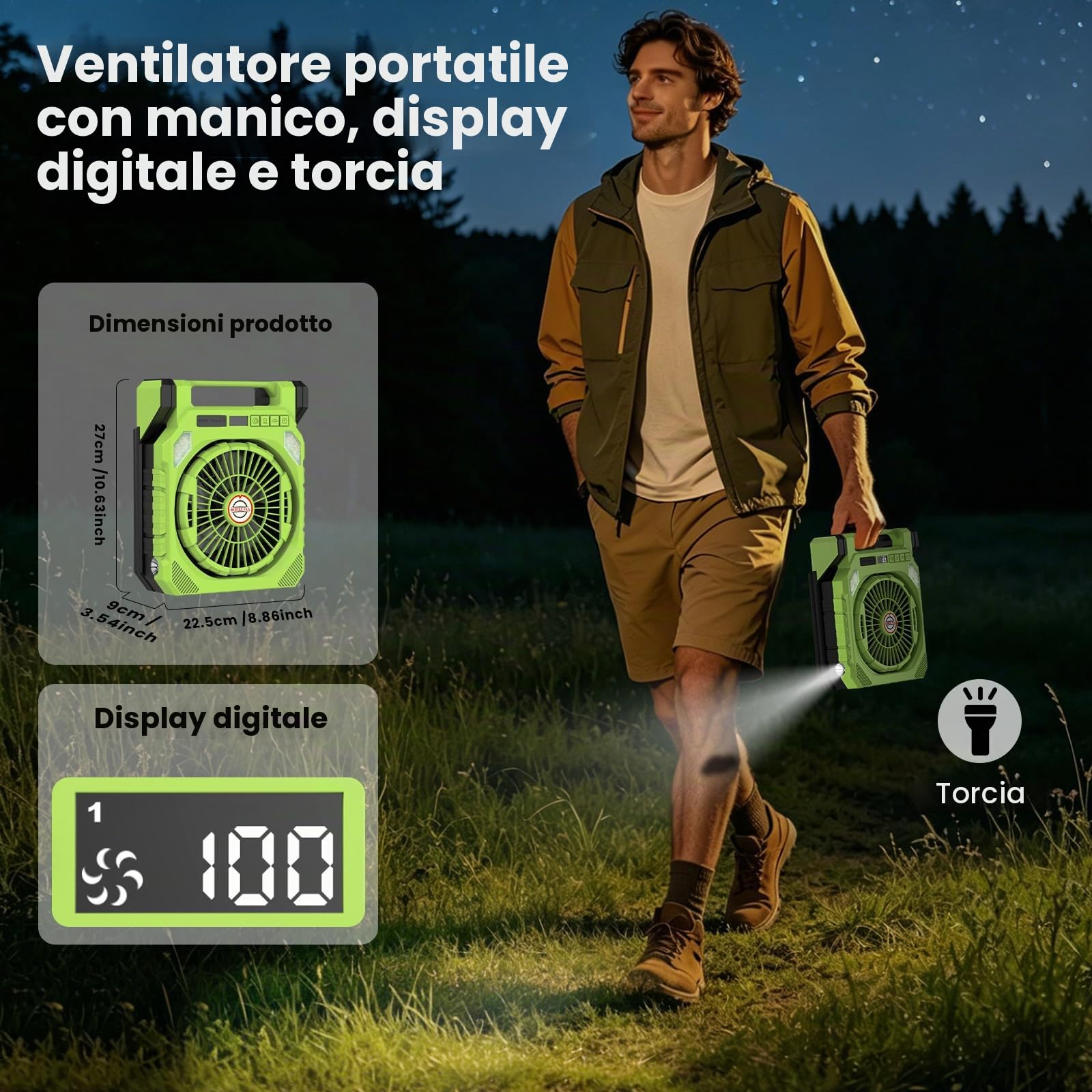 Ventilatore da Campeggio,Ventilatore Portatile con 2 Pannelli Solari,Batteria da 20000 mAh,LED Luce,Torcia elettrica,Scuotendo la testa,Display digitale,Temporizzatore.USB Fan per Viaggi Lavoro