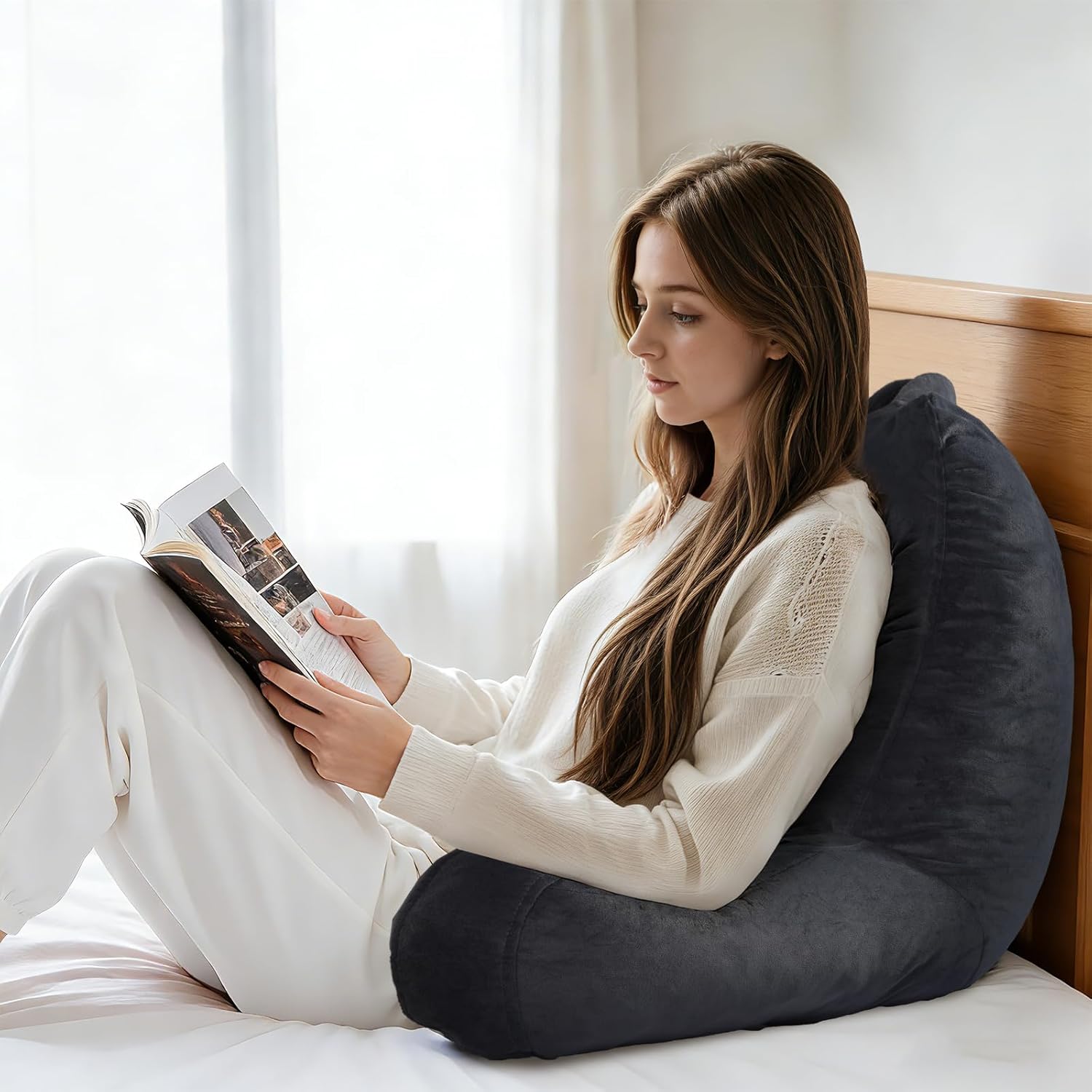 Reading Pillow for Sitting in Bed Adult, Reading Pillow with Shredded Memory Foam, Back Pillow for Bed Sitting Up with Extend Arms, Pockets, Pillow with Washable Cover,Black, X-Large - Image 3