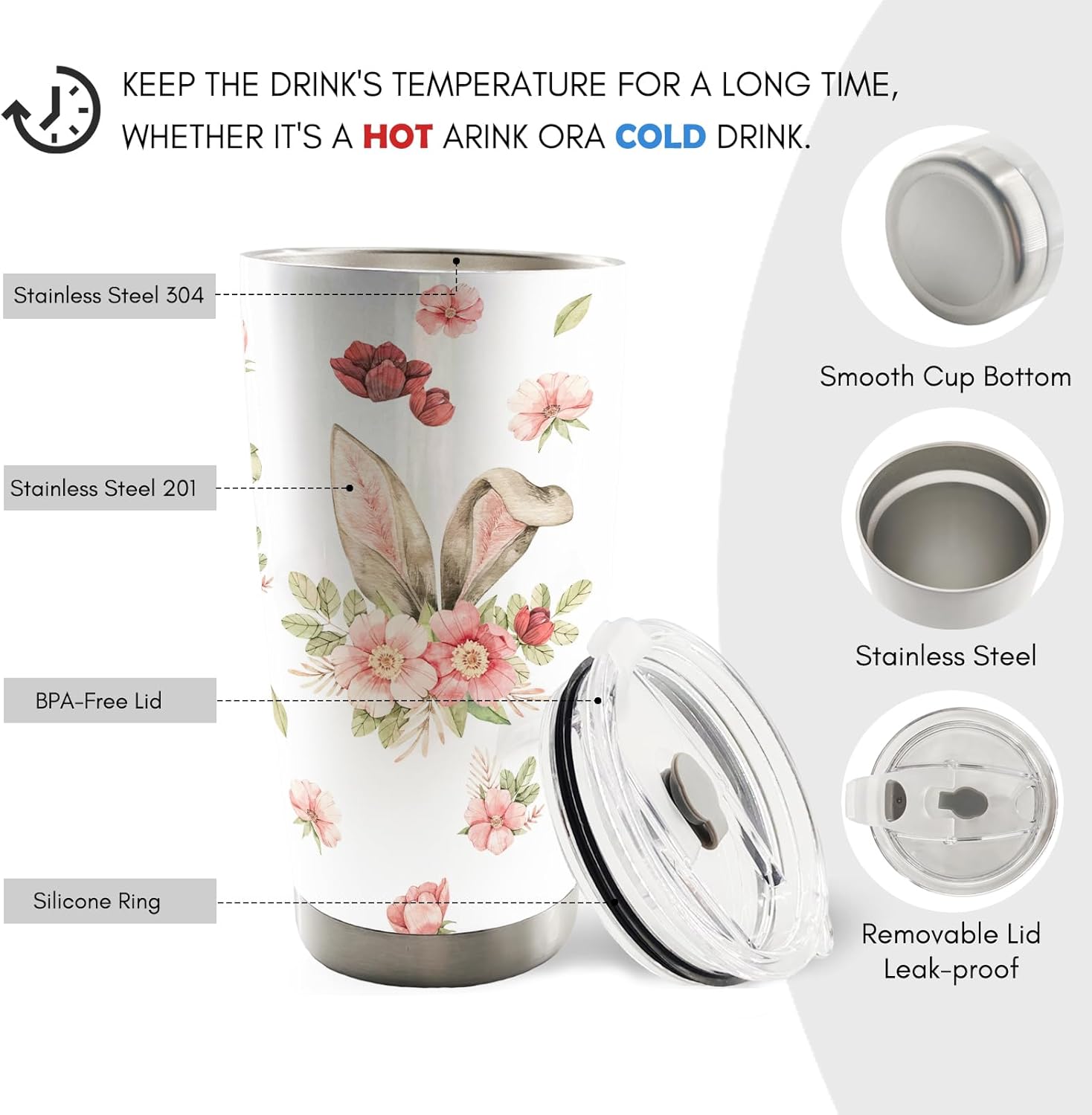 Easter Gifts for Kids Toddlers Teens Women Girls Boys, Easter Bunny 20oz Travel Coffee Mug Tumbler, Easter Cups with Lids for Kids,Wildflower Stainless Steel Water Tumbler with Lid and Straw - Image 6