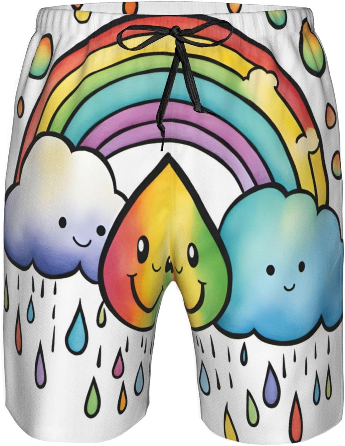 Mens Rainbow Clouds Raindrop Print Beach Shorts,Casual Summer Shorts for Men,Quick Dry Polyester
