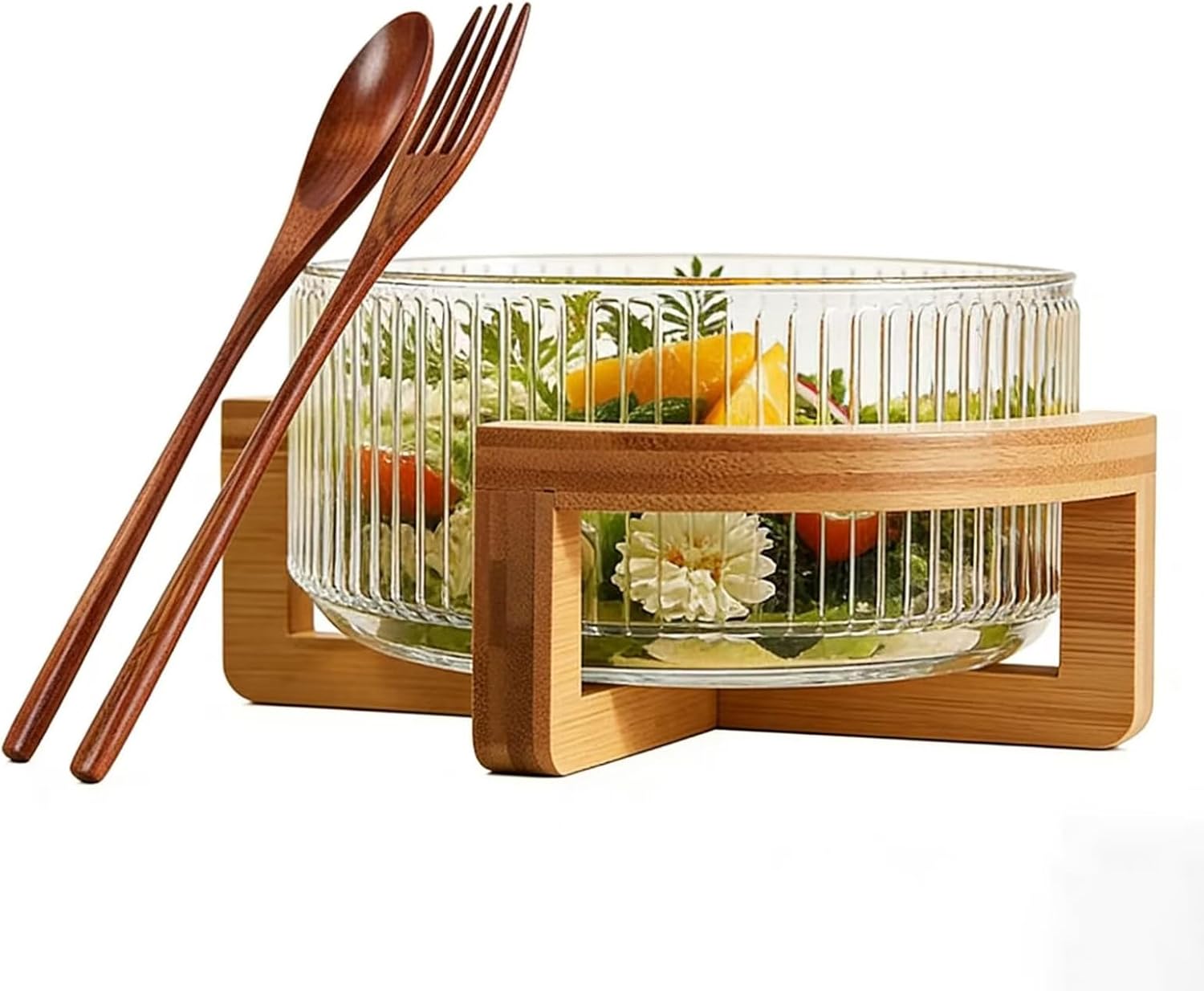Extra Large Serving Bowl with Serving Utensils & Wood Base - 4QT Party Salad Bowl, Durable Calcium Glass & Rustic Bamboo Stand for Entertaining, Dishwasher-Safe Fruit Vegetable Mixing Bowl