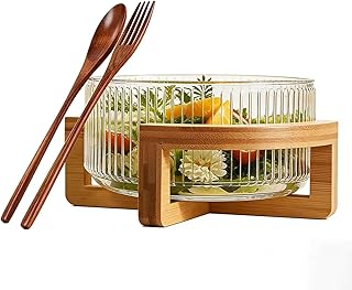 Extra Large Glass Salad Bowl Set with Serving Utensils and Wood Base - 4...
