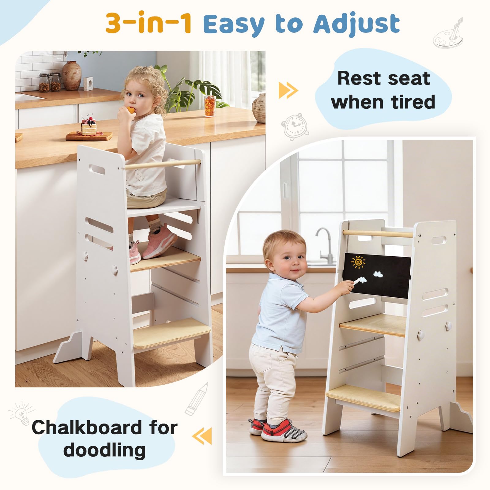 Labebe Learning Tower 3 in 1 con Lavagna e Seduta, Torre Montessori Regolabile in 3 Altezze, Legno
