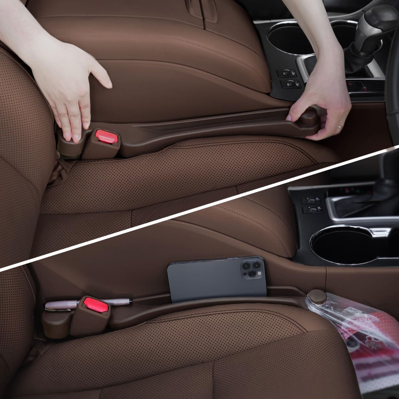 car seat gap filler 2 pack soft foam multifunctional seat side gap filler with organizer & hook function, 3in1 gap stopper universal fit car suv truck fill the gap between seat & console (deep brown)