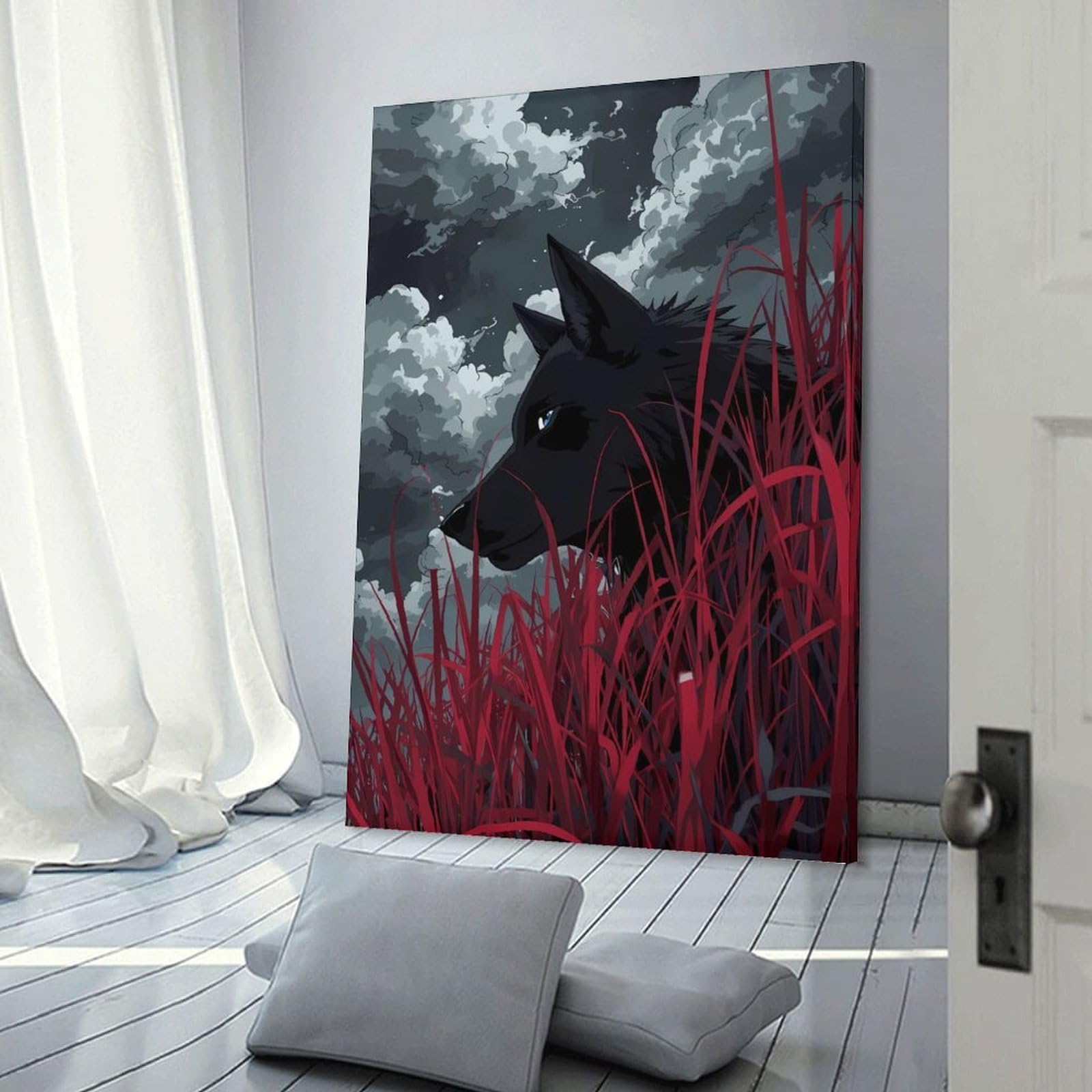 Junmoney Frame-Style-18 Hanging Wall Art Black Wolf In Red Grass, 20X30inch(50X75cm), For Gallery Wall Layouts In Home Or Office, An Easy Match For Collected Prints