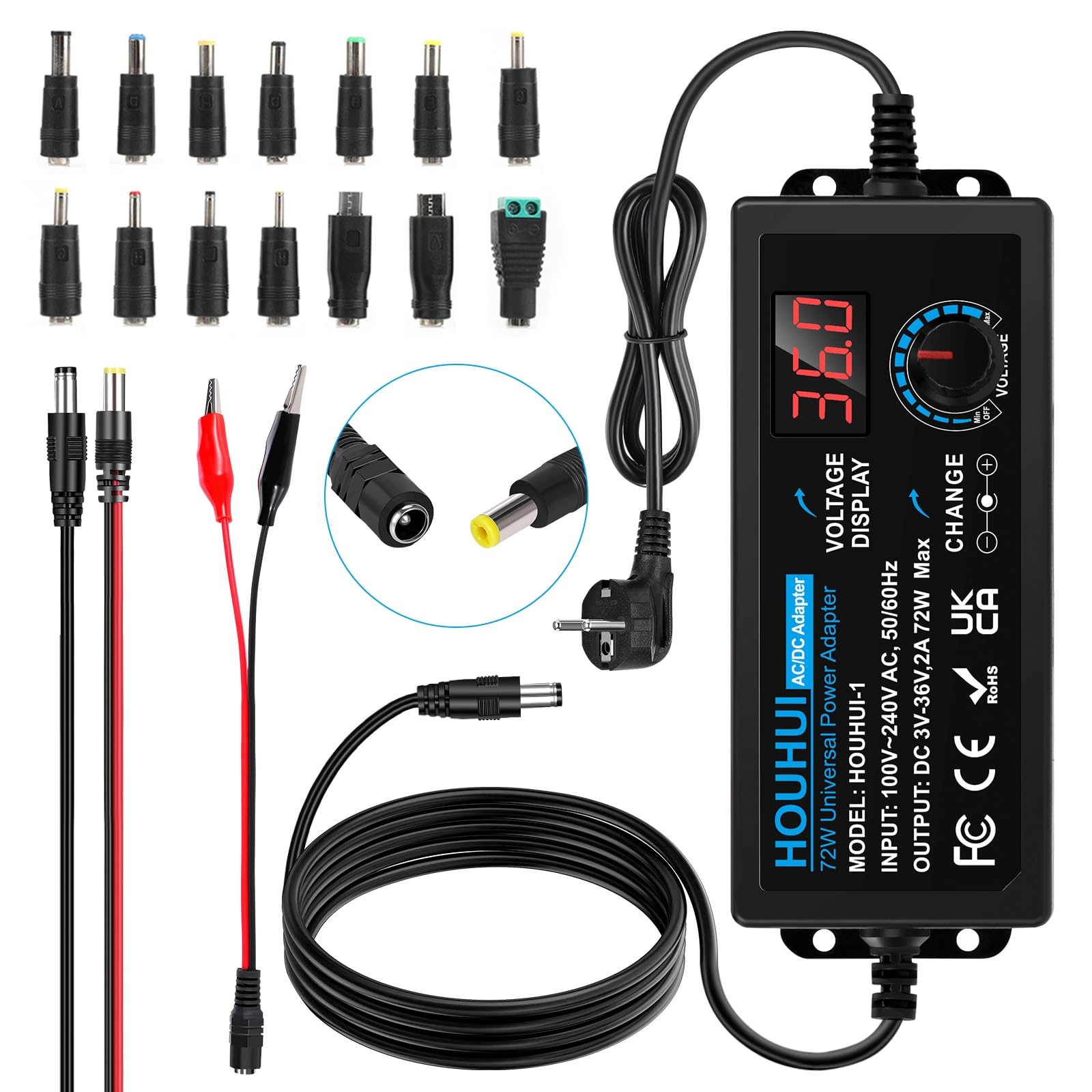 Uniwersalny regulowany zasilacz 3V-36V 2A 72W 100V-240V AC DC LED 5,5x2,5mm 16 końcówek