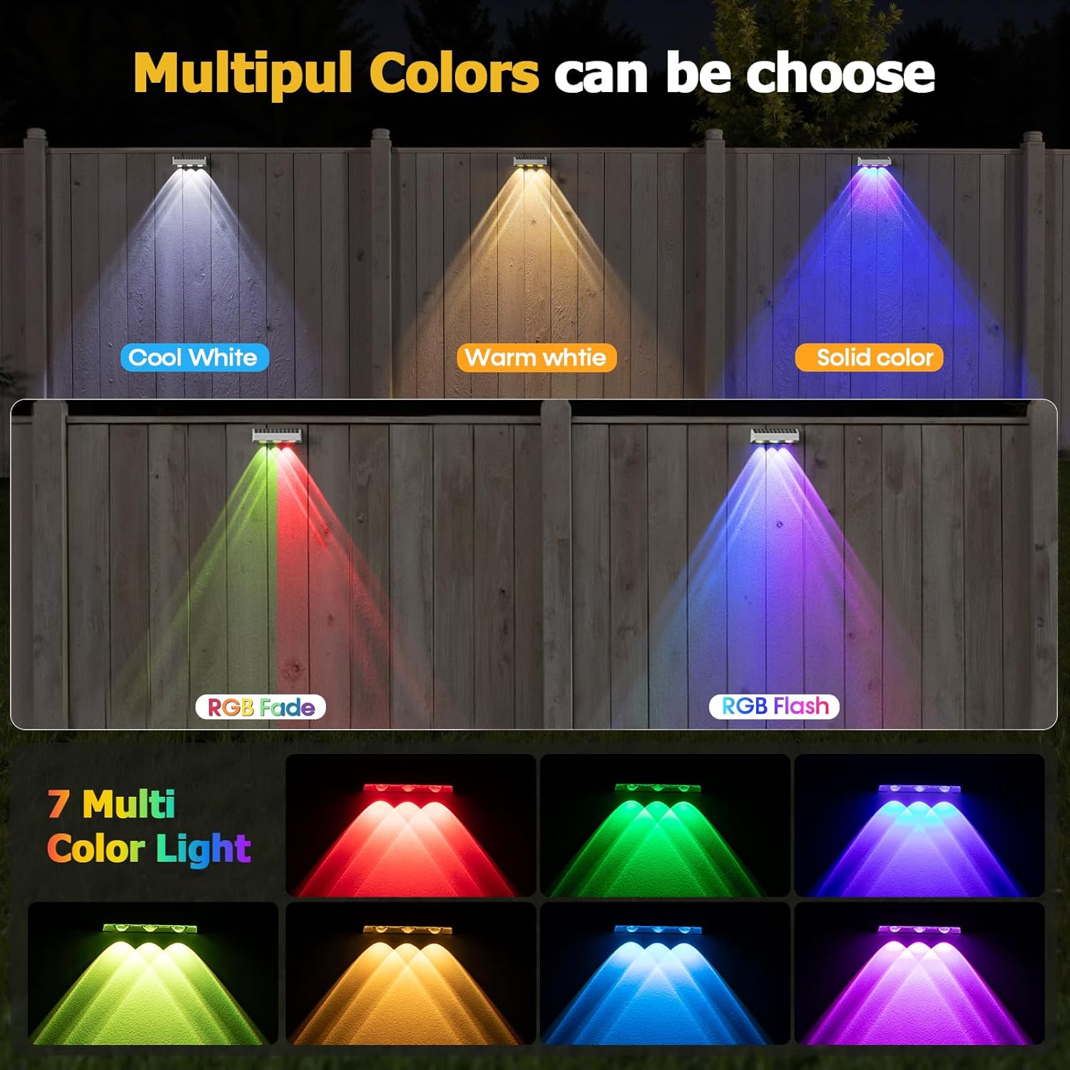 NIORSUN Solar Fence Lights,8 Pack Solars Deck Light,RGB Color,Outdoor Bulb Waterproof Led IP65,Power Patio Lamp with Lenses for Outside/Backyard/Railing/Yard(White)