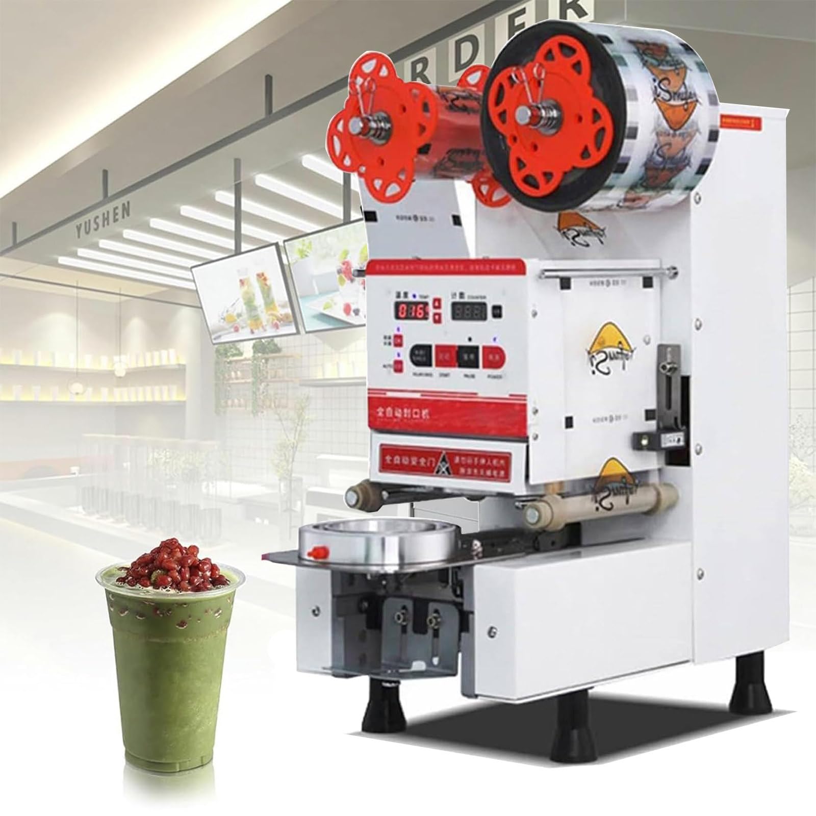 IUokLU Fully Automatic 350W Electric Cup Sealing Machine, Commercial Milk Tea Beverage Cup Sealing Machine, For Bar Cafe Milk Tea Shop-White